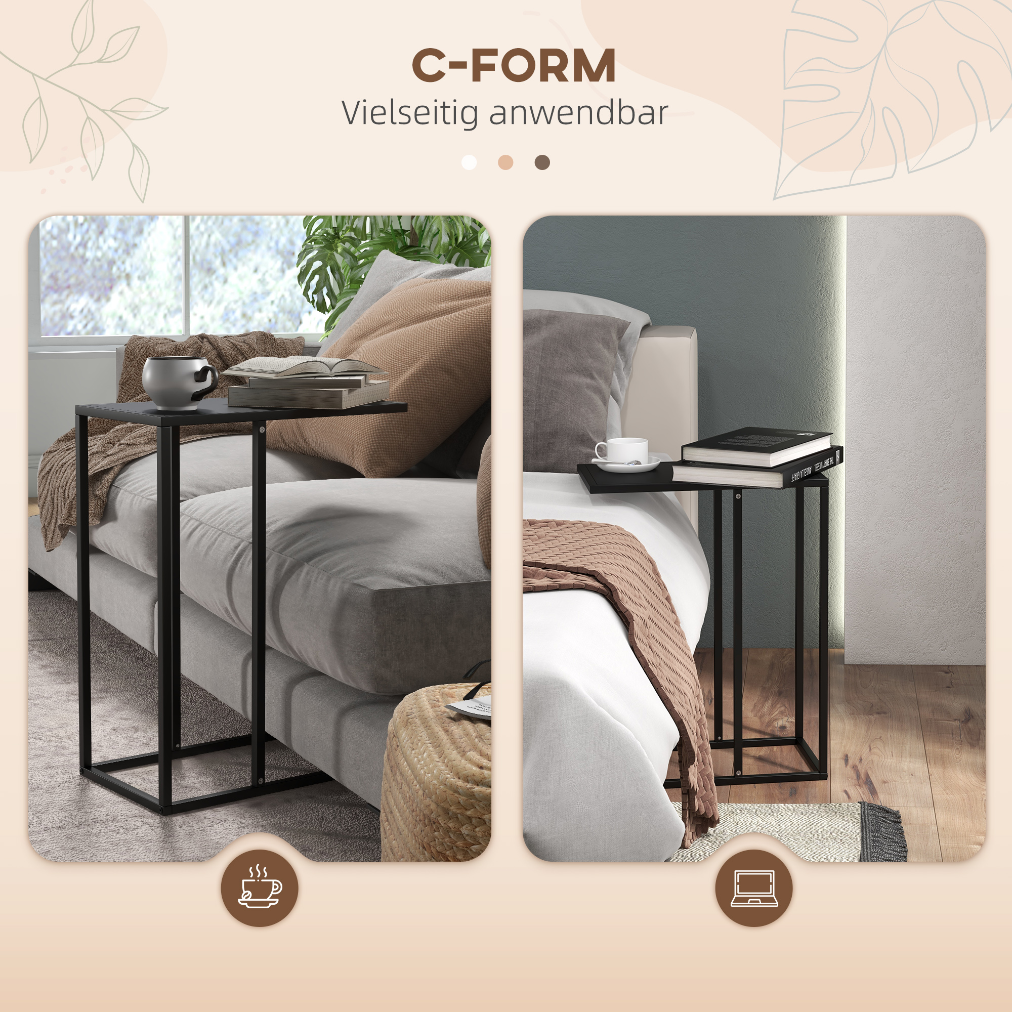 Beistelltisch Laptoptisch, Sofatisch in C-Form, mit Stahlgestell, Schwarz