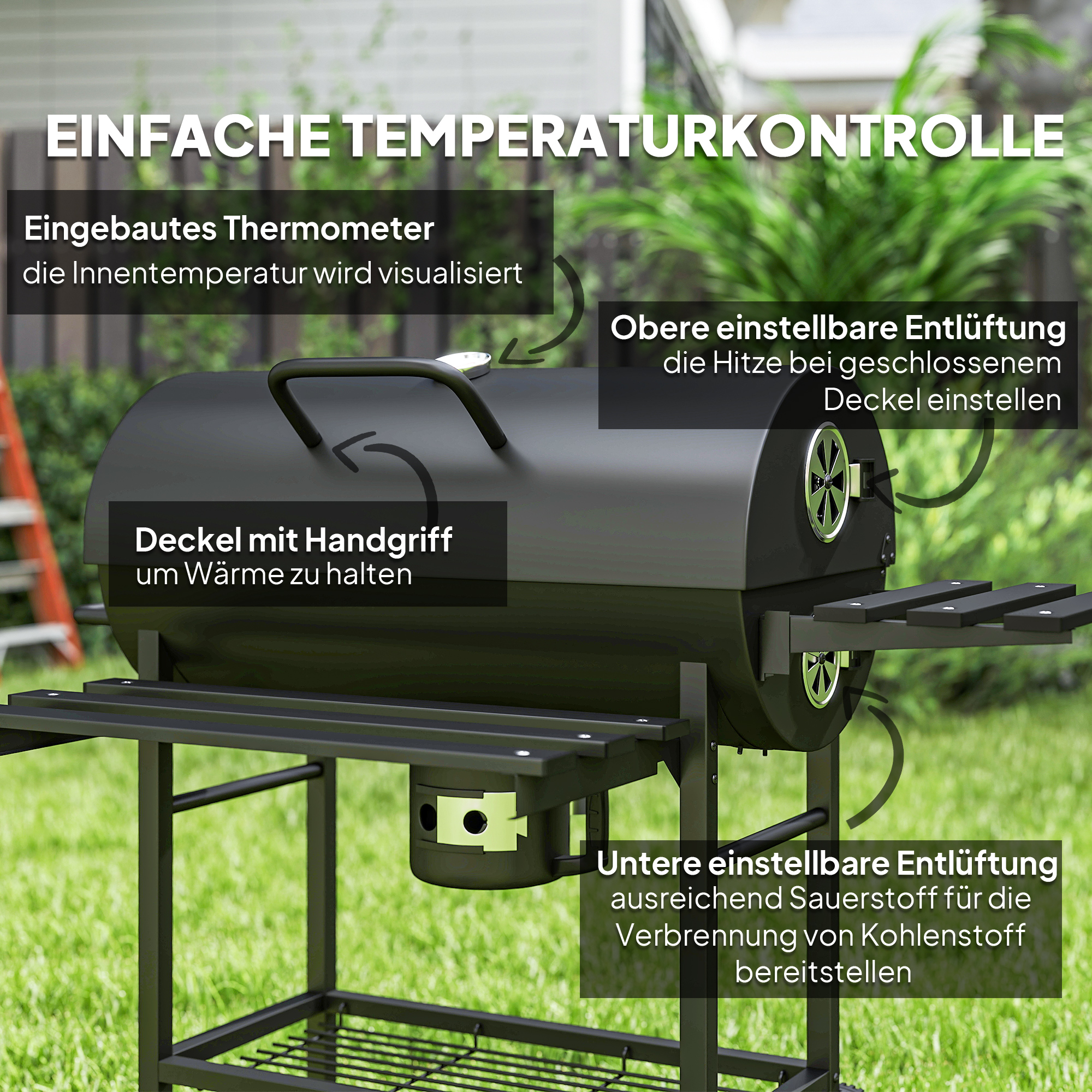 Holzkohlegrill aus Stahl BBQ Smoker mit Deckel Griffe Thermometer Räder fahrbar 114 x 65 x 95 cm