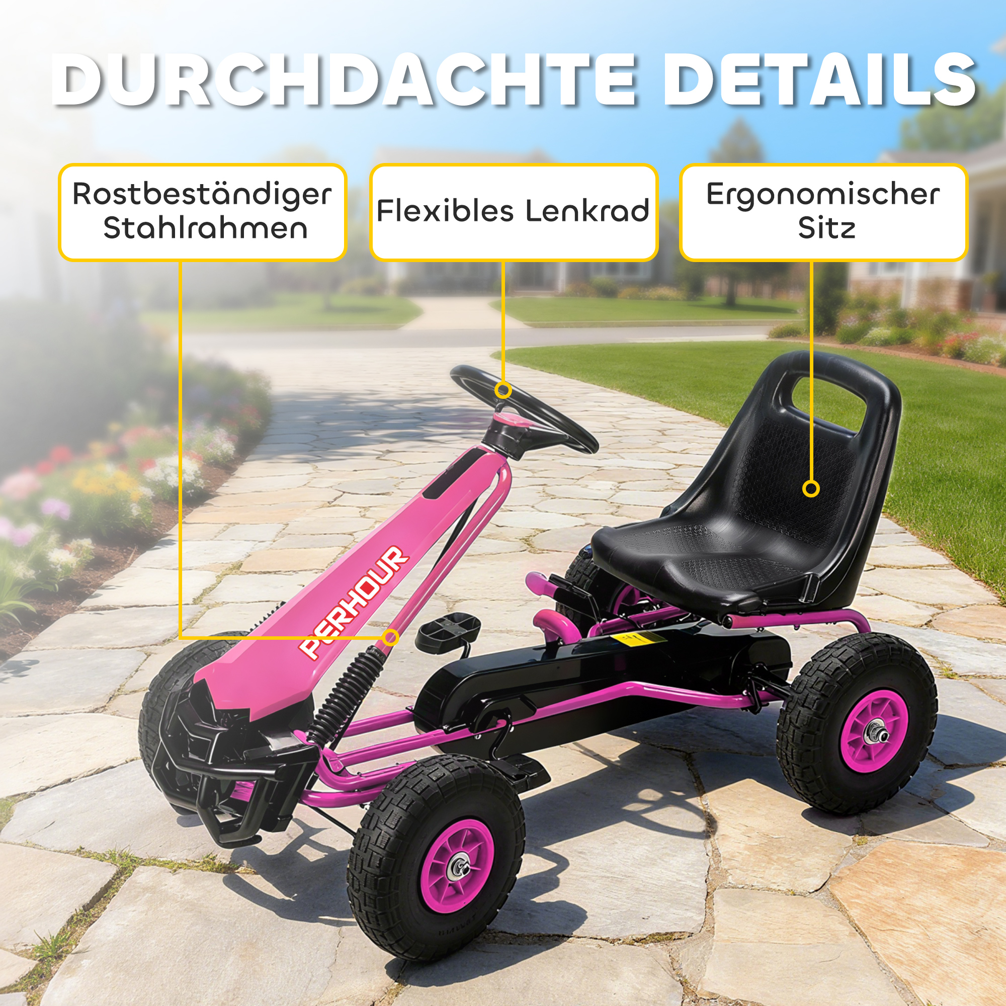 Pedal-Gokart für Kinder, höhenverstellbarer Sitz, EVA-Räder, Bremse, Kupplung, 3-8 Jahre, Rosa