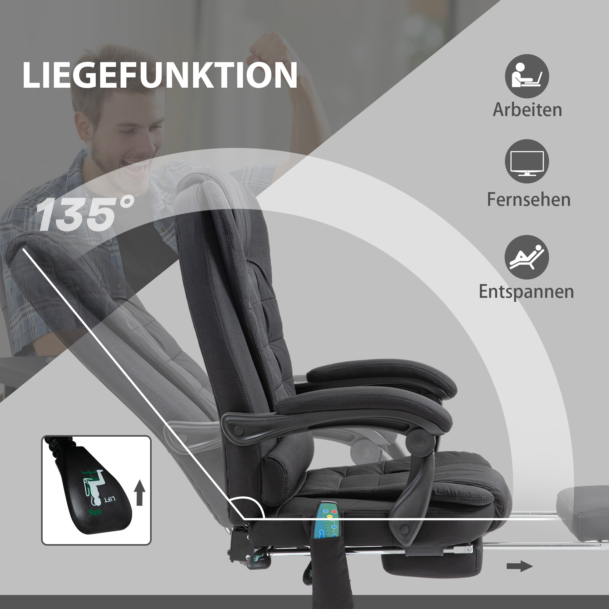 Bürostuhl mit Massagefunktion, Ergonomischer Schreibtischstuhl mit Liege- & Wärmefunktion, höhenverstellbar, Schwarz