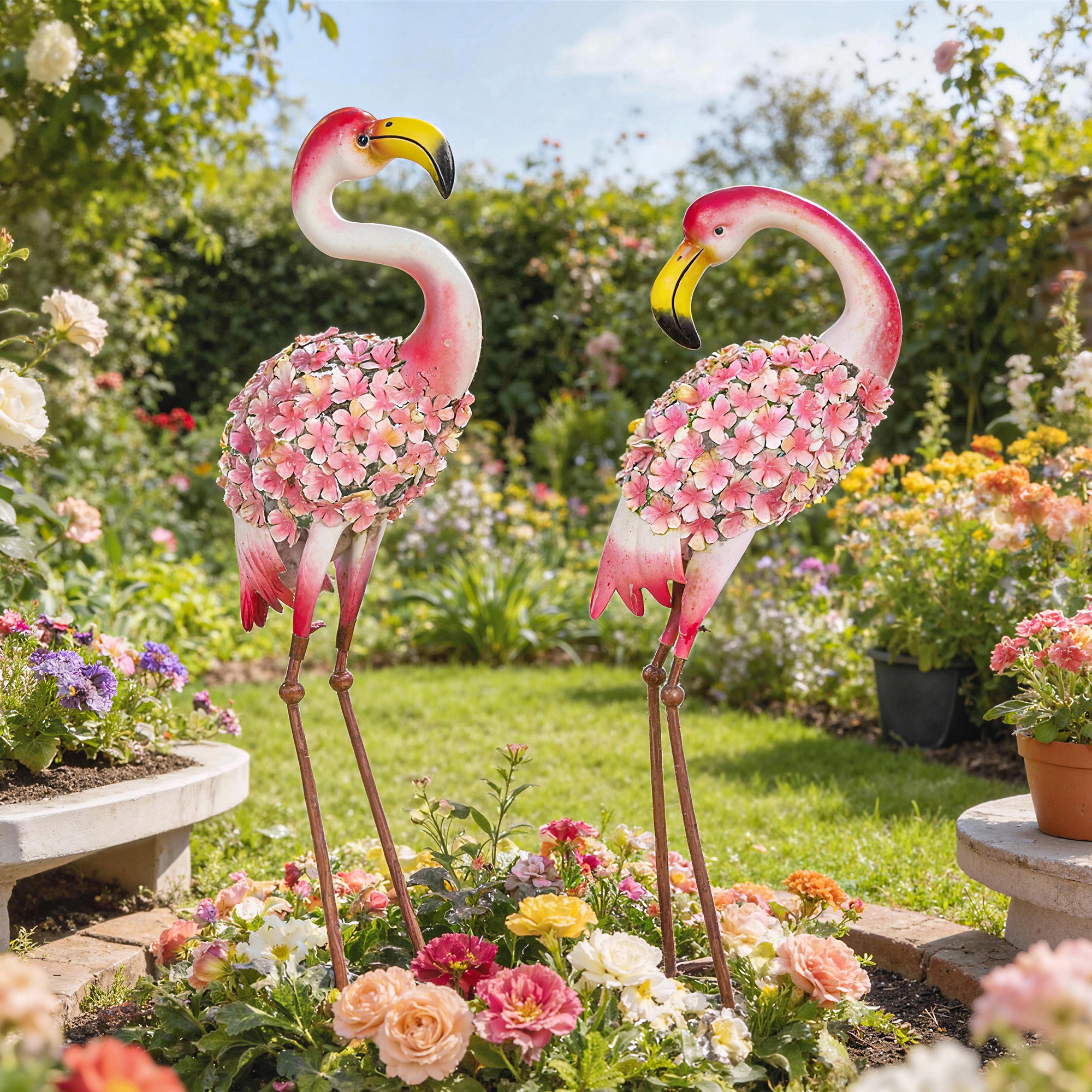 Flamingo Gartenstatuen Set aus 2, Florale Feder-Metallvögel, Stehende Skulpturen mit Bodenankern, Rot