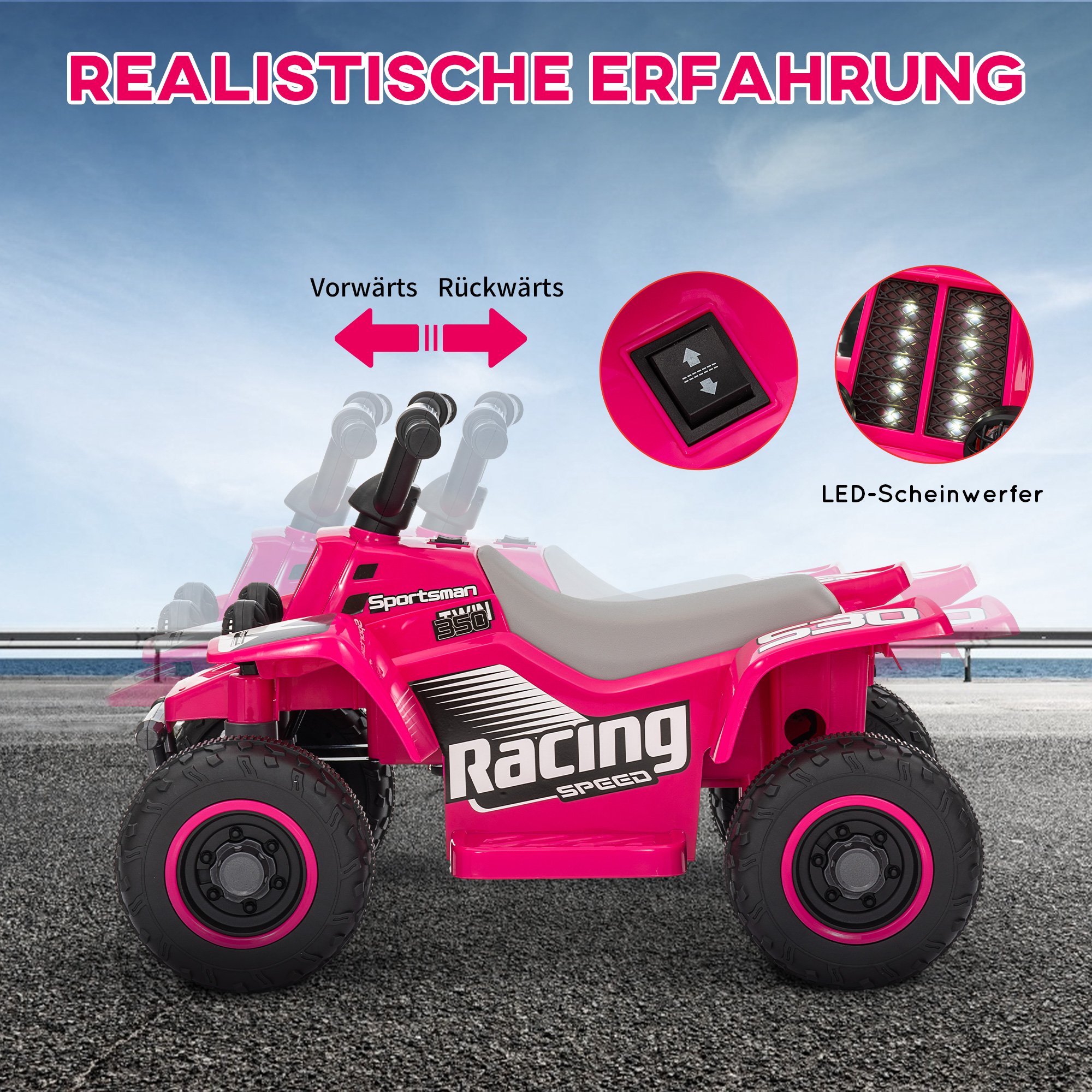 Kinderquad, batteriebetrieben, fährt vorwärts und rückwärts, LED-Lichter, 18-36 Monate, Rosa