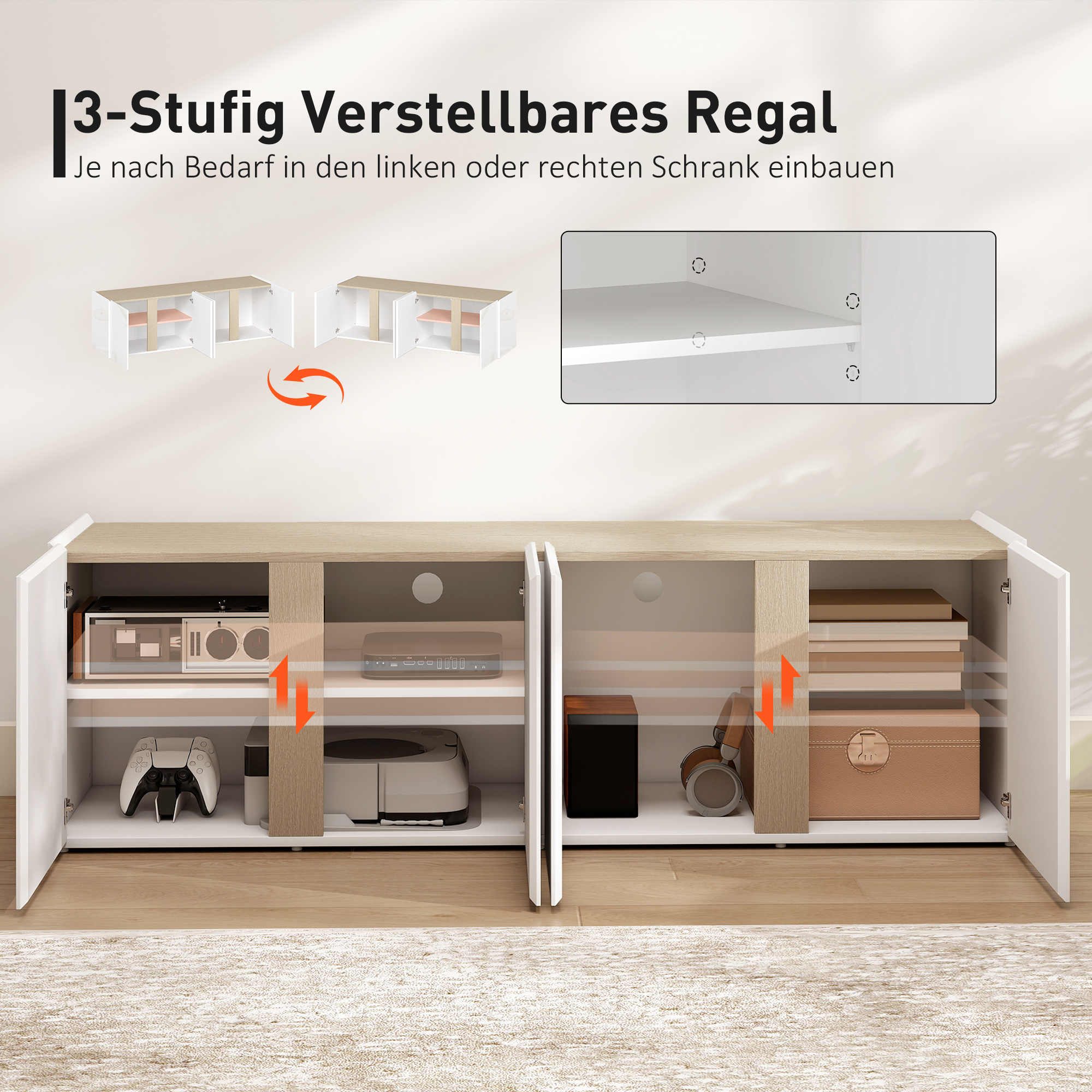 TV-Kommode für 65-Zoll-Fernseher, Fernseh-Schrank mit Soft-Close-Türen, anpassbare Regale, Kabellöcher, für Wohnzimmer, Weiß