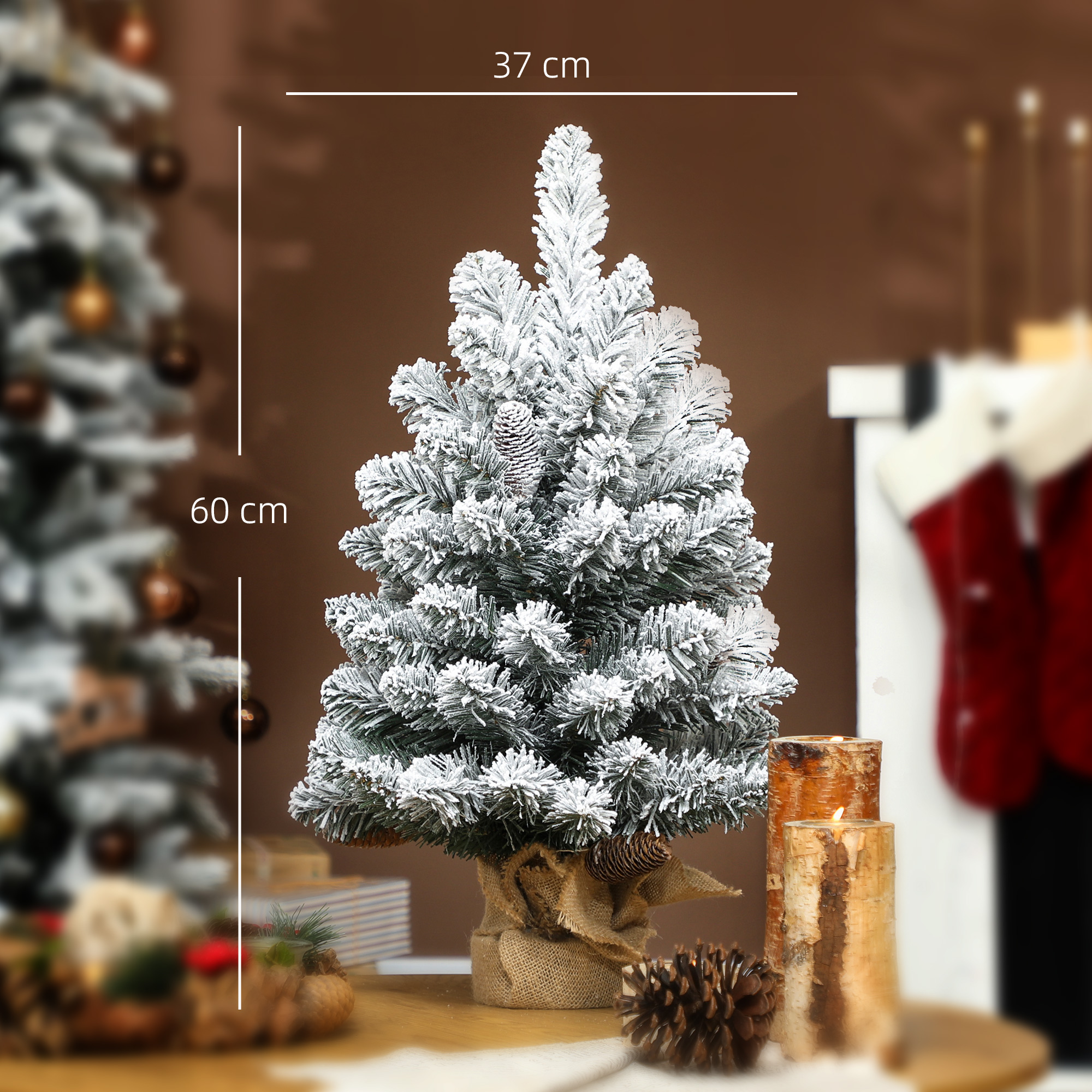 Mini Künstlicher Weihnachtsbaum 60 cm Tannenbaum künstlich mit Schnee, 72 Spitzen 6 Tannenzapfen Zementbasis