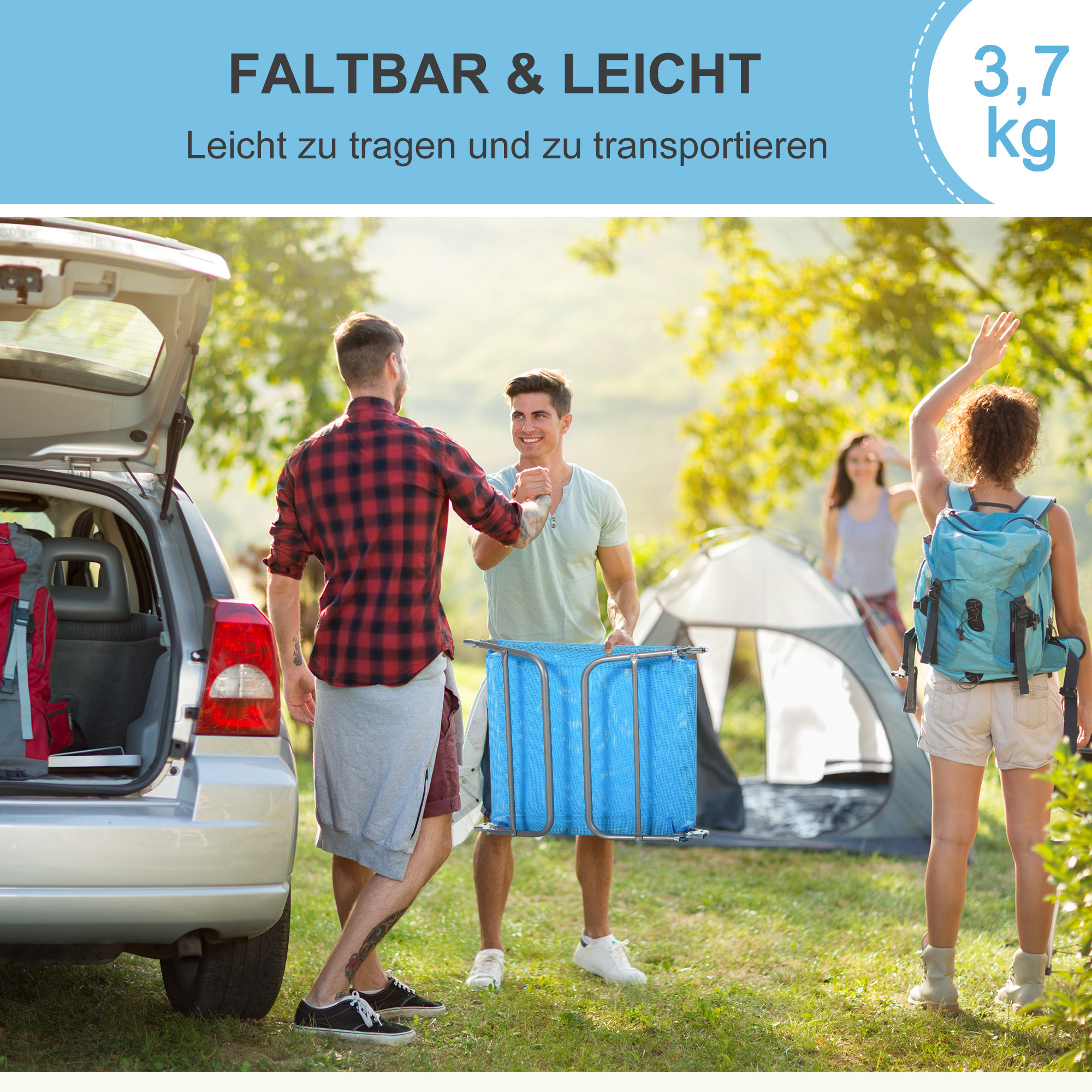 Sonnenliege klappbar Gartenliege mit Kopfkissen, 5-Fach verstellbare Rückenlehne bis 120 kg Blau