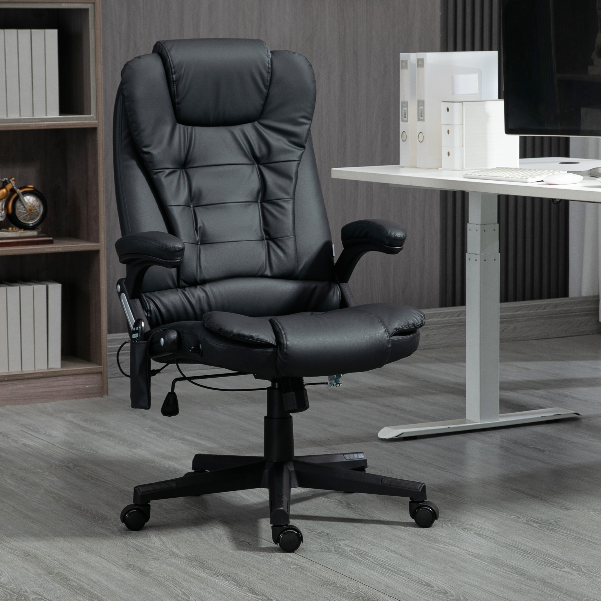 Massagesessel Bürostuhl, Chefsessel mit 6-Punkt-Vibrationsmassage und Wärmefunktion, drehbar Gaming-Stuhl, Kunstleder, 70 x 70 x 111-121 cm, Schwarz