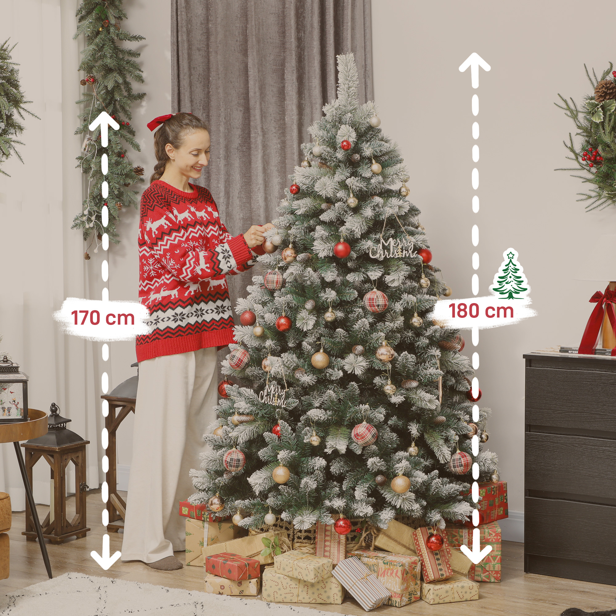 Künstlicher Weihnachtsbaum 180 cm künstlich Tannenbaum mit Schnee, 1000 Spitzen 34 Tannenzapfen Breite Basis