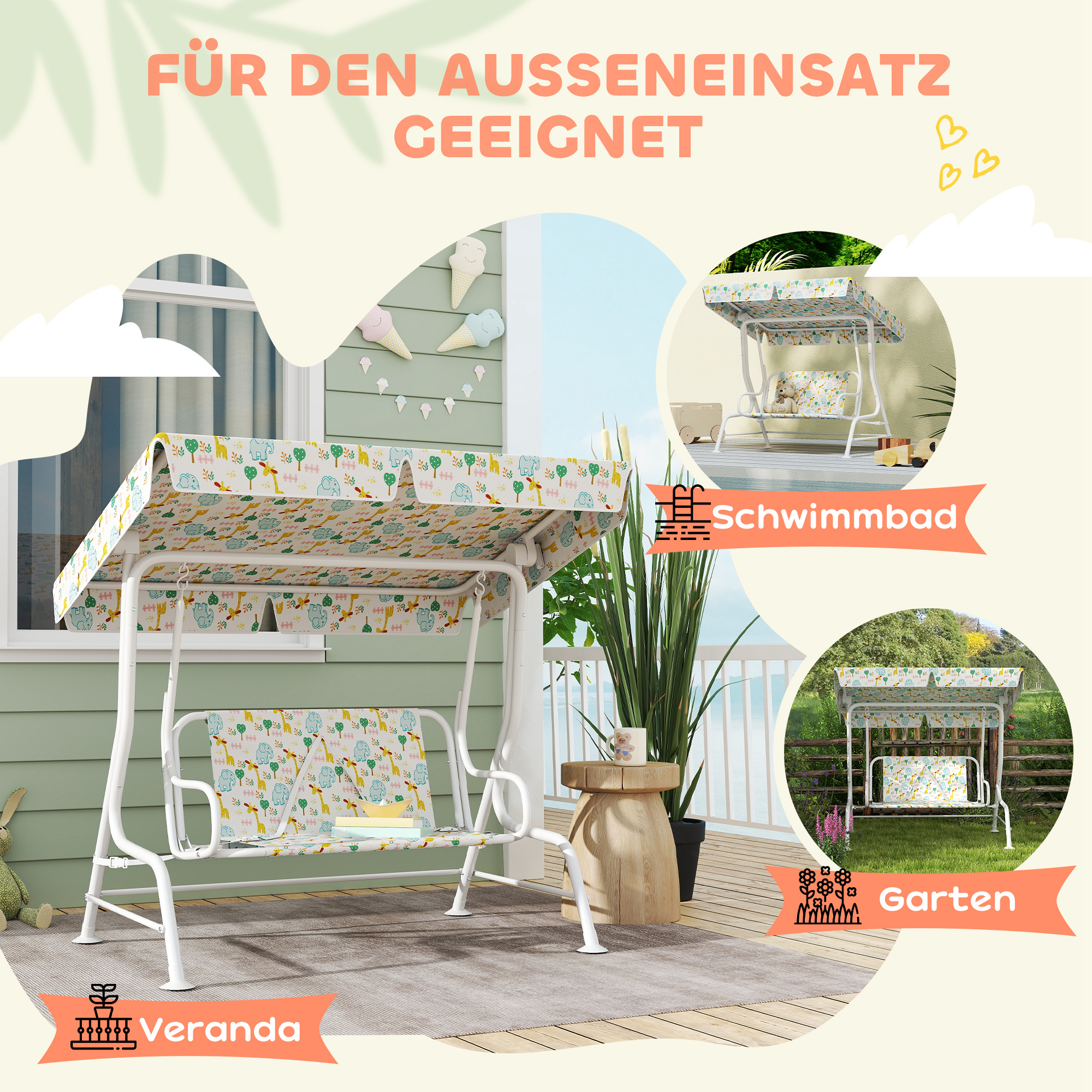 Hollywoodschaukel für Kinder, Stahlrahmen, 2-Sitzer, 60 kg belastbar, Weiß