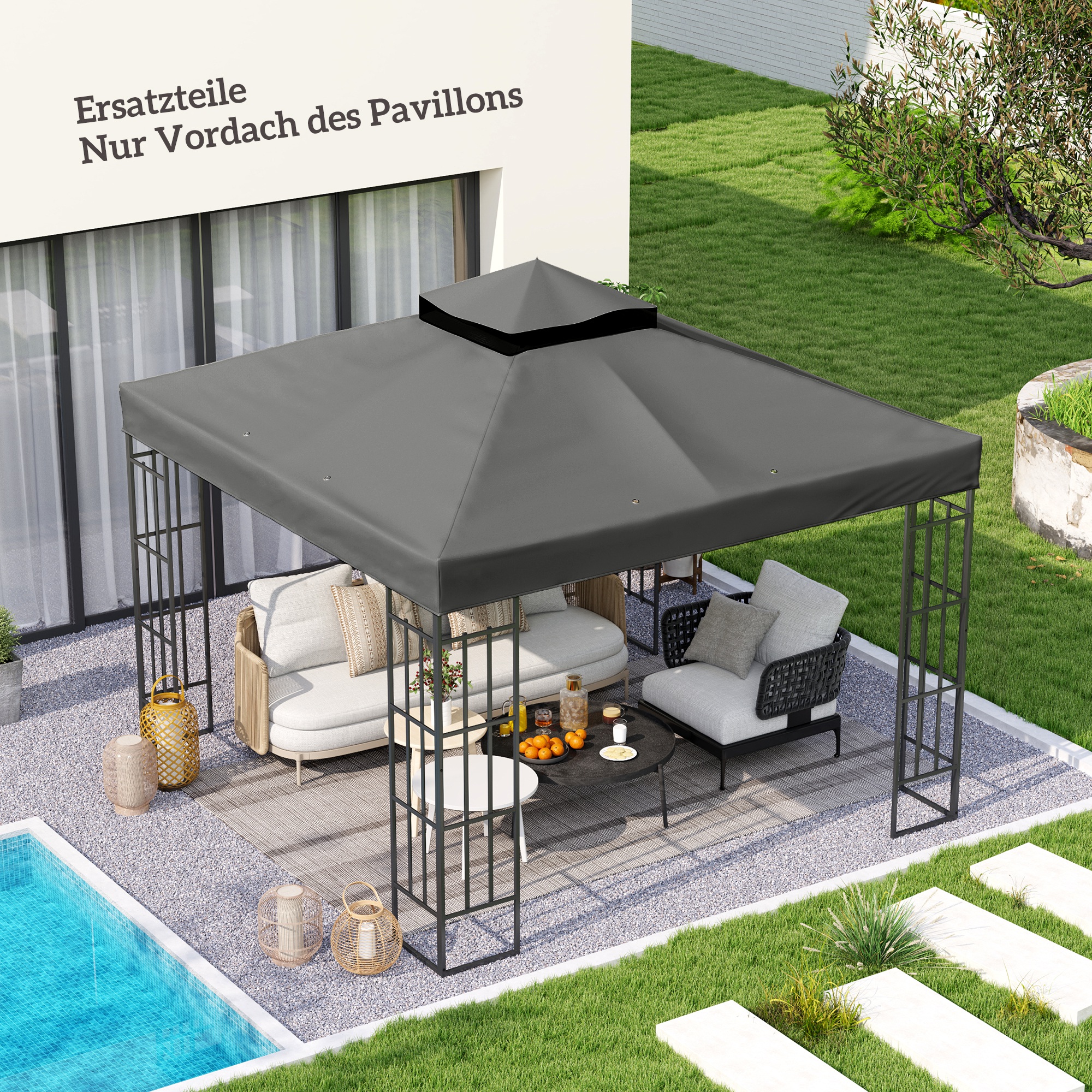 3 x 3 m Ersatzdach für Pavillon, Pavillon-Ersatzplane mit Wasserablauf-Löchern, UPF30+, Sonnenschutz, Dunkelgrau