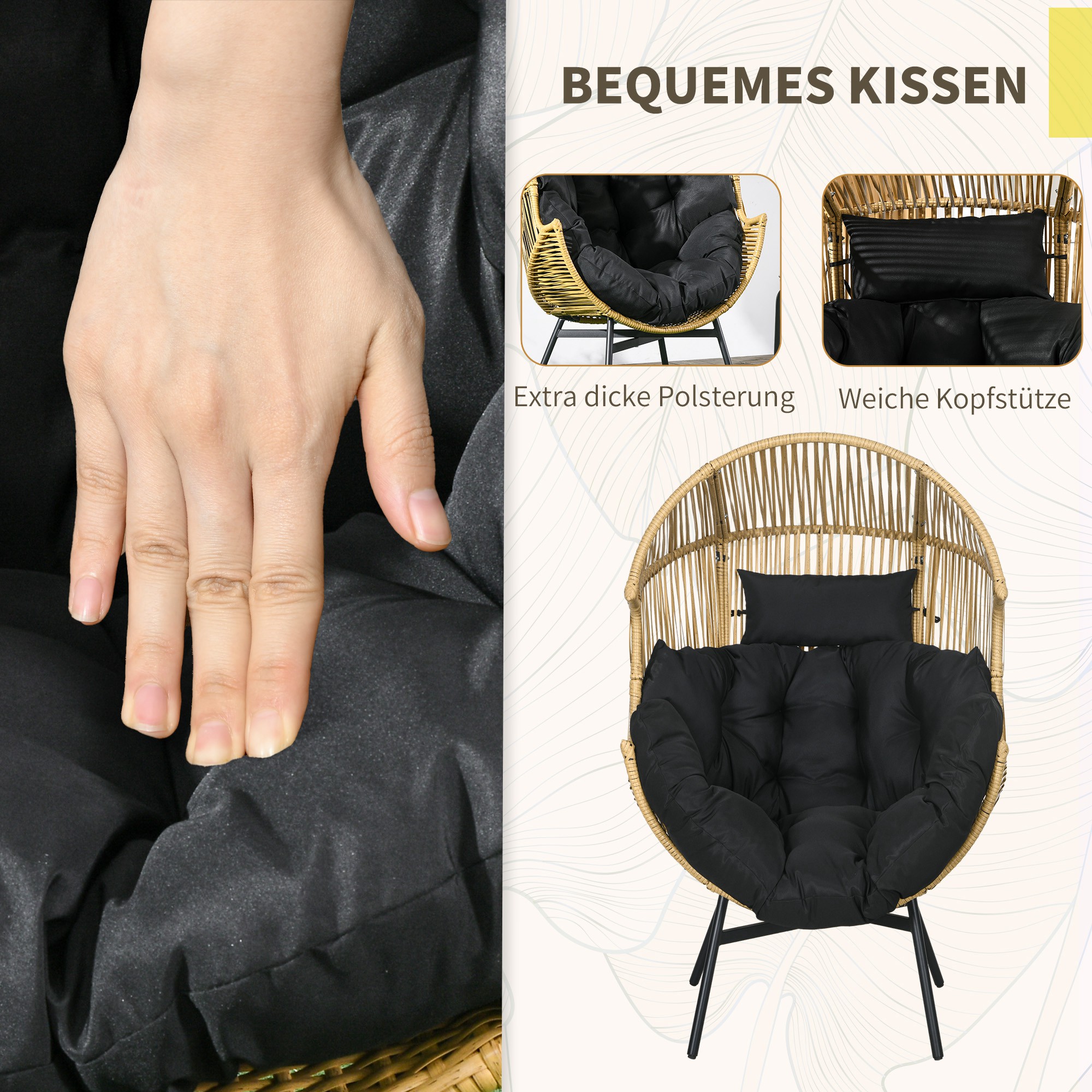 Rattansessel Outdoor-Sessel Gartensessel, PE-Rattan, 89 cm x 75 cm x 143 cm, Natur + Schwarz