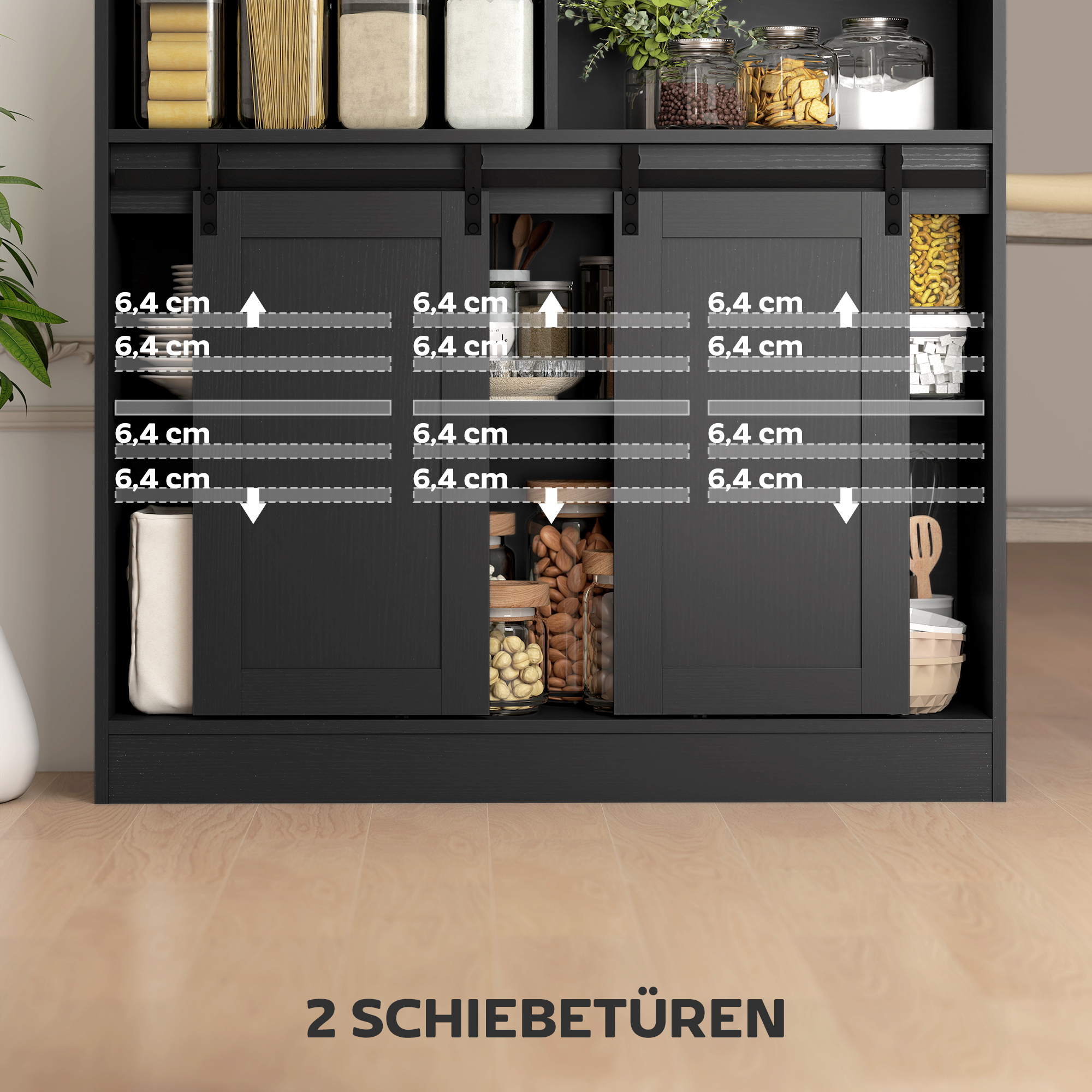 Ausziehbarer Bartisch, zu L-Form umwandelbar, viel Stauraum, 3 verstellbare Regale, Spanplatte, MDF, Schwarz