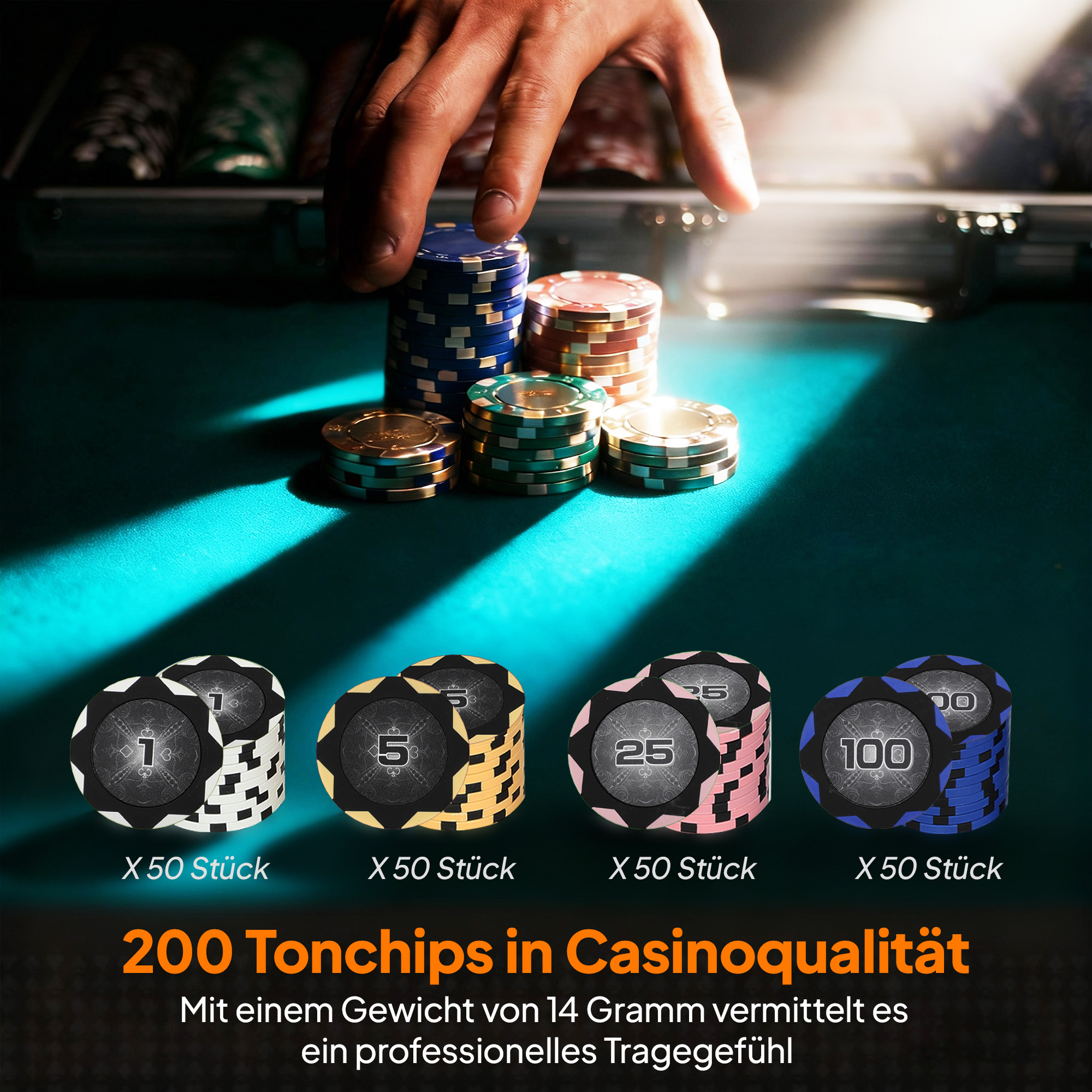 Pokerchips-Set in Koffer, mit Würfeln, Dealer-Button, 2 Kartendecks, Silberfarben