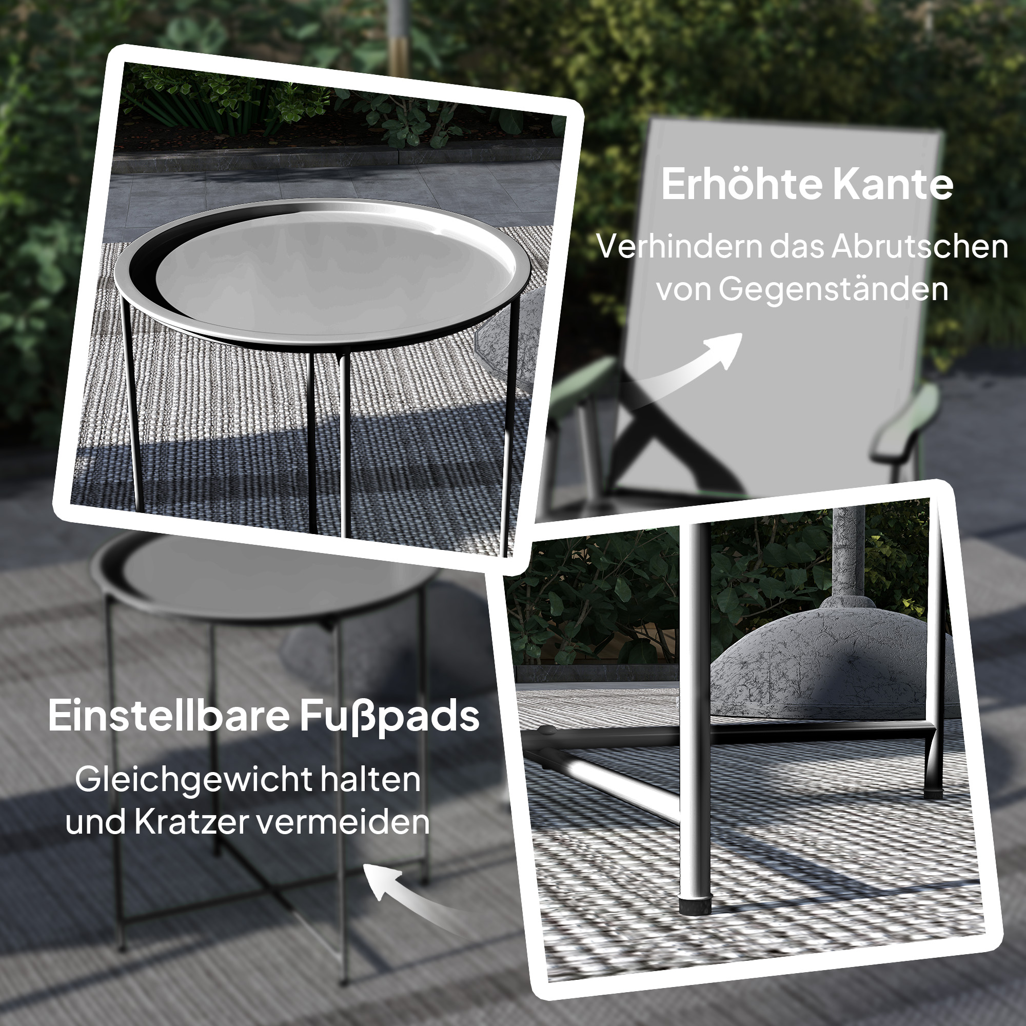 Gartentisch, Runder Außen-Beistelltisch aus Stahl mit herausnehmbarem Tablett, faltbares Design, Terrassentisch, Schwarz