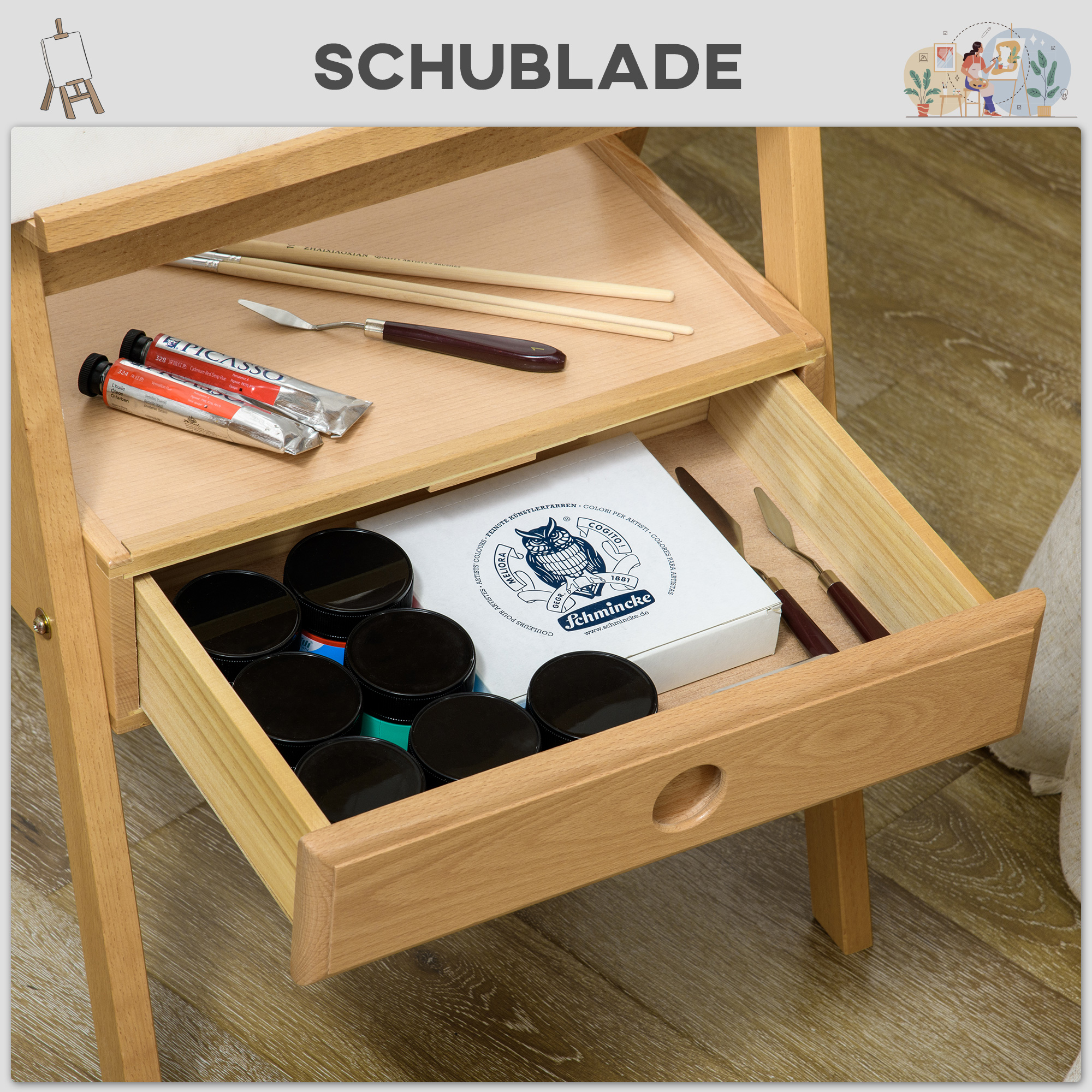 Staffelei, Künstlerstaffelei, Höhenverstellbar, 1Schublade, Natur + Schwarz