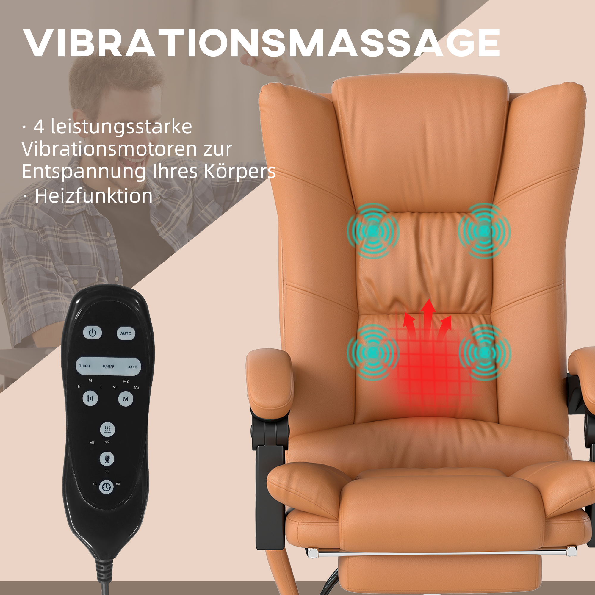 Massage-Bürostuhl, Schreibtischstuhl mit Heizfunktion, Drehstuhl, Liegefunktion, höhenverstellbarer PC-Stuhl, Hellbraun