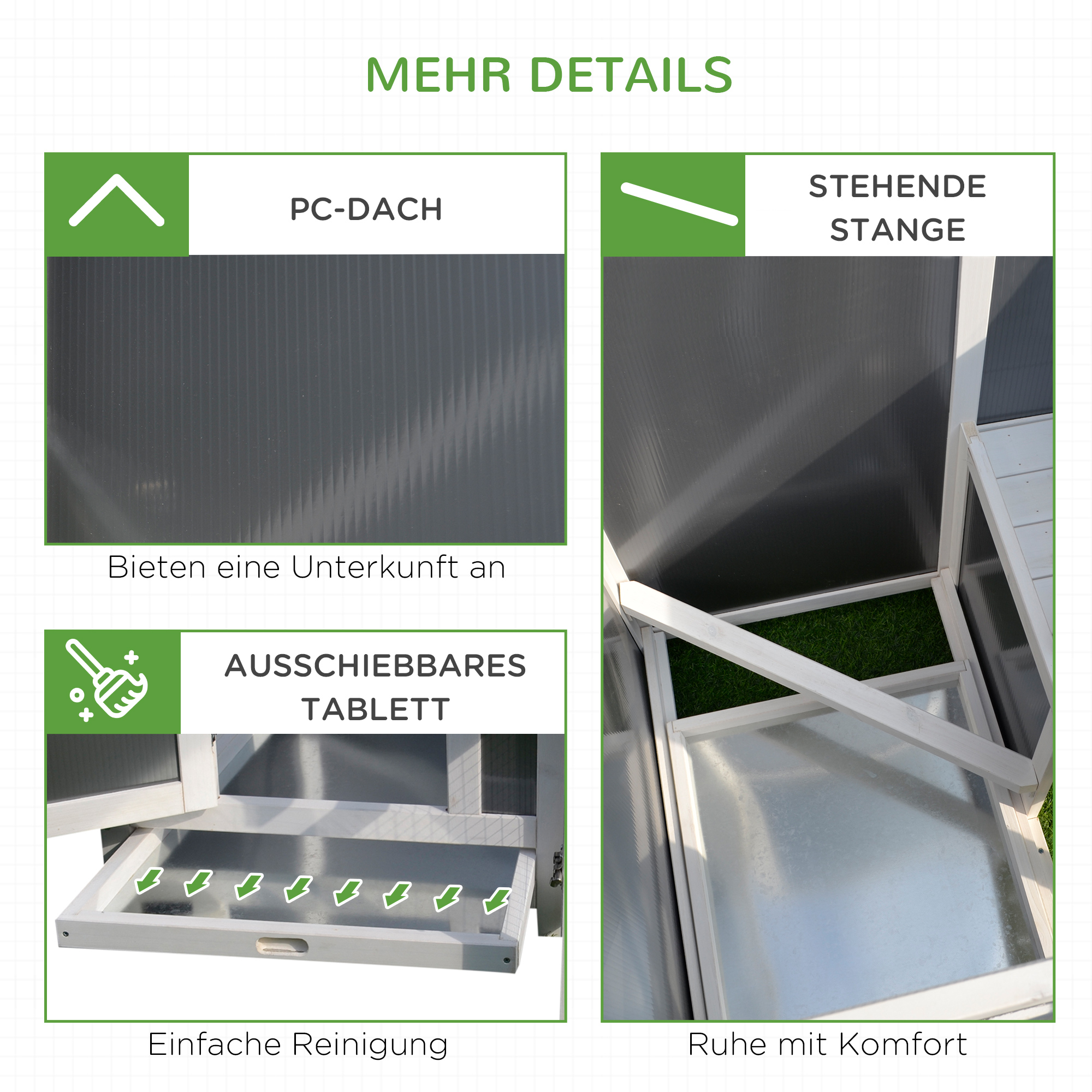 Hühnerstall Hühnerhaus Geeignet für 1-2 Hühner, mit Nistkasten Eierkiste mit 2 Fächern, Tanne, Grau+Weiß, 160 x 75 x 80 cm