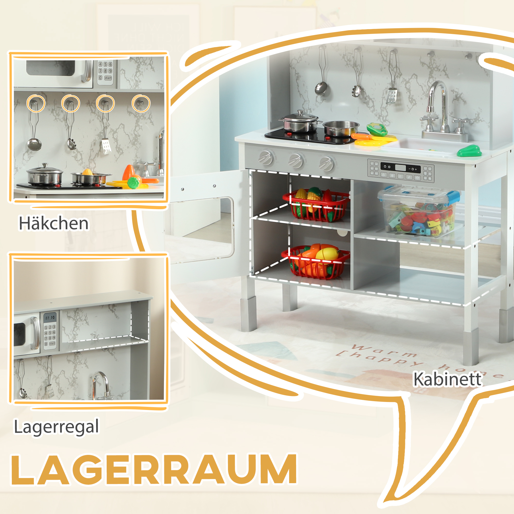Spielküche mit Herd, Mikrowelle, viel Zubehör, höhenverstellbar, 70,1 x 28 x 90,2/96,1 cm, Weiß