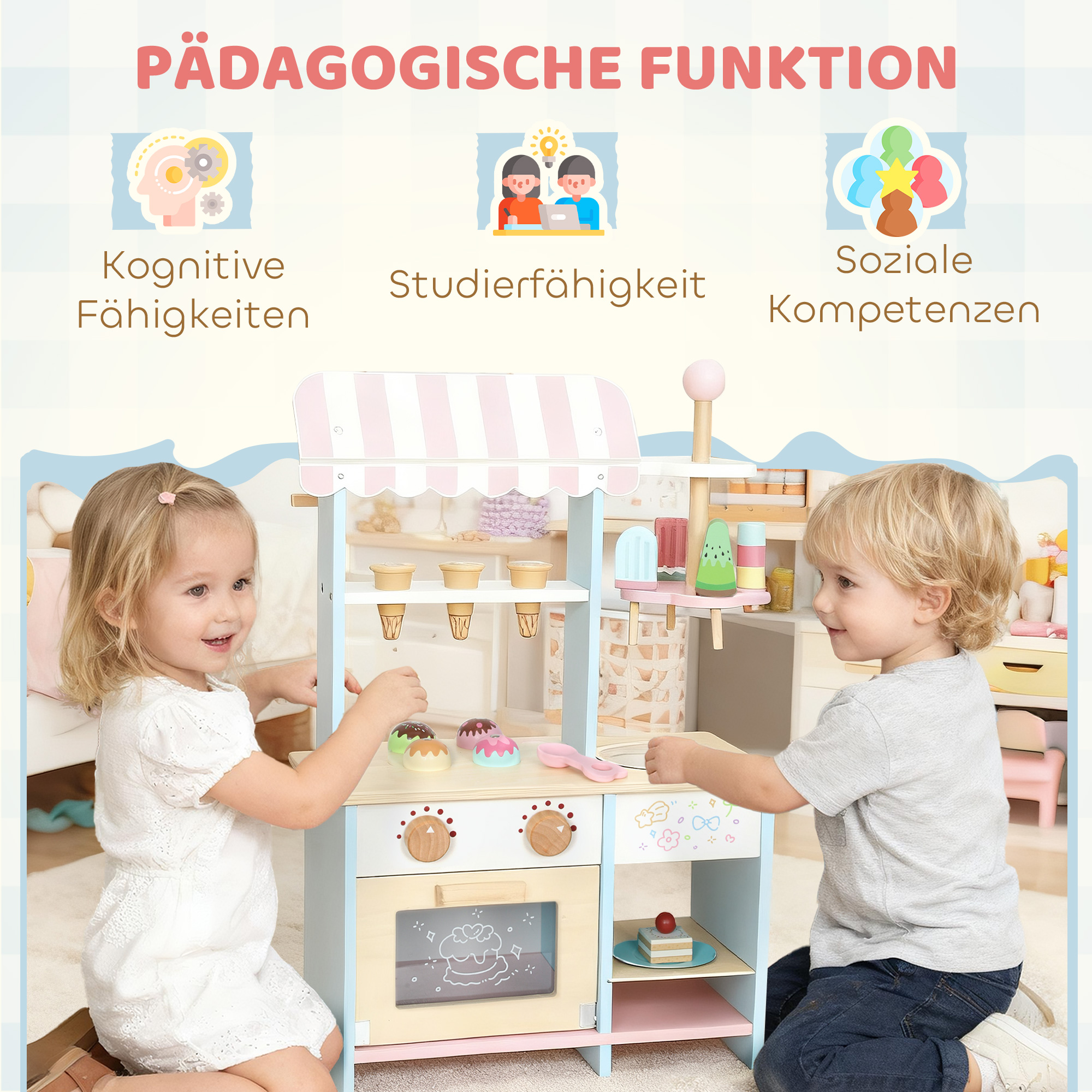 Eiswagen für Kinder Eisdiele Kinder 17 Stück Eis Kinderküche mit 17 Zubehörteile, Ofen, MDF, Hellblau