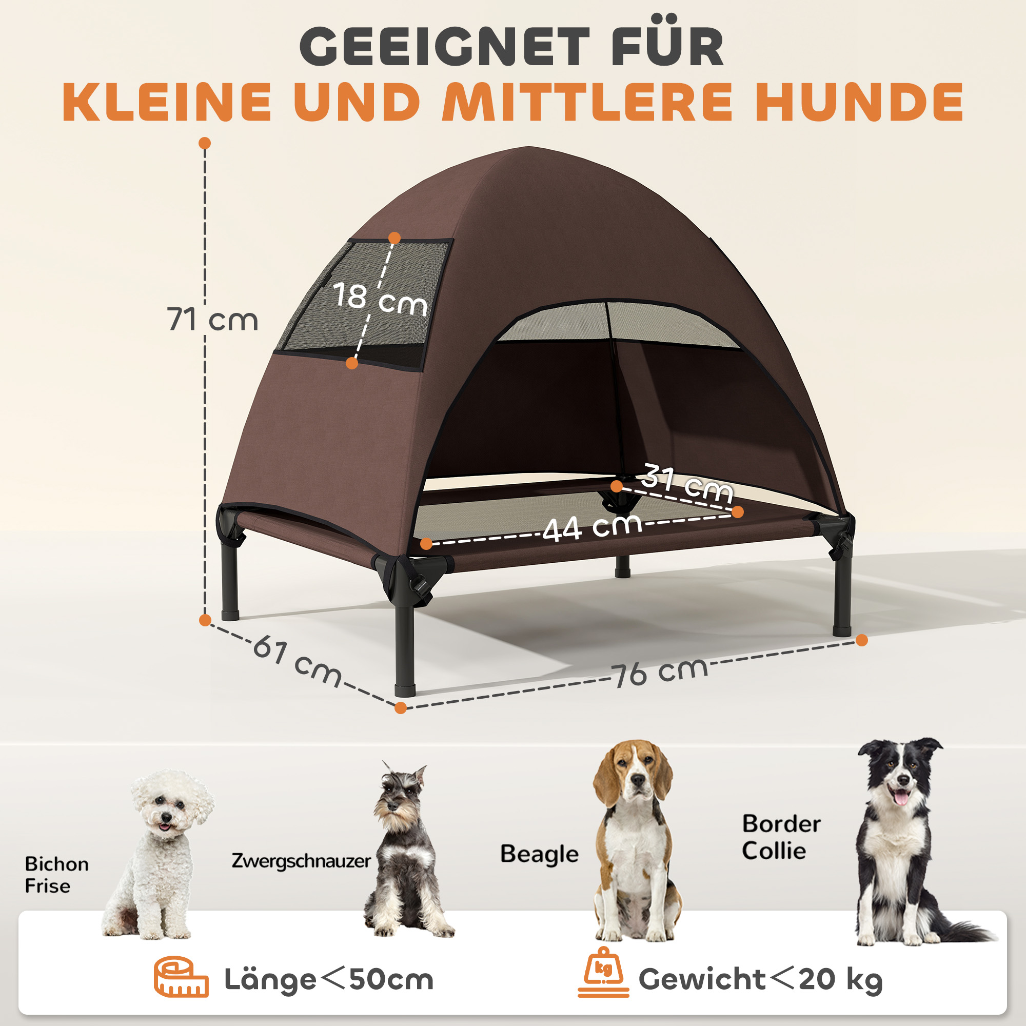 Hundeliege Outdoor mit Dach, erhöhtes Hundebett für Mittelgroße Hunde, 76 x 61 x 71cm, Kaffee