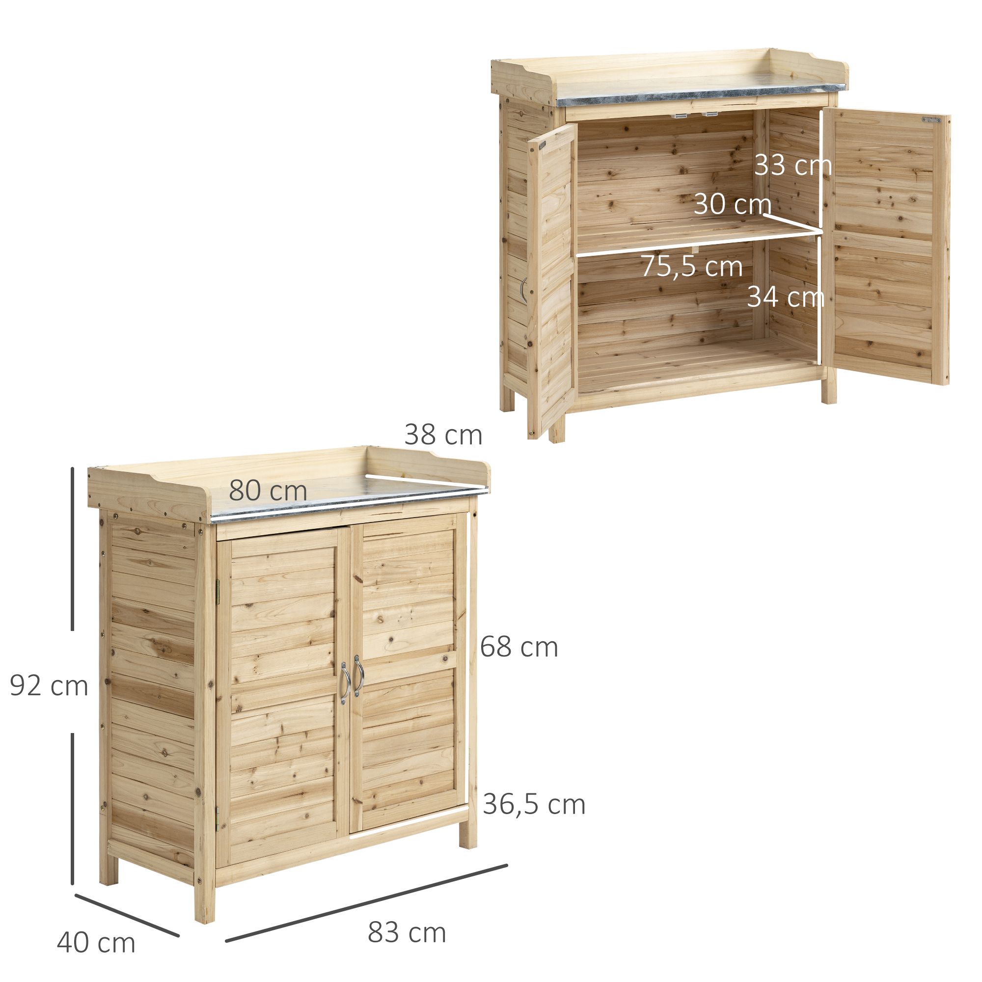 Gartenschrank mit 2 Fächern, Metall-Arbeitsplatte mit Aufkantung, Naturholz, 83 x 40 x 92 cm