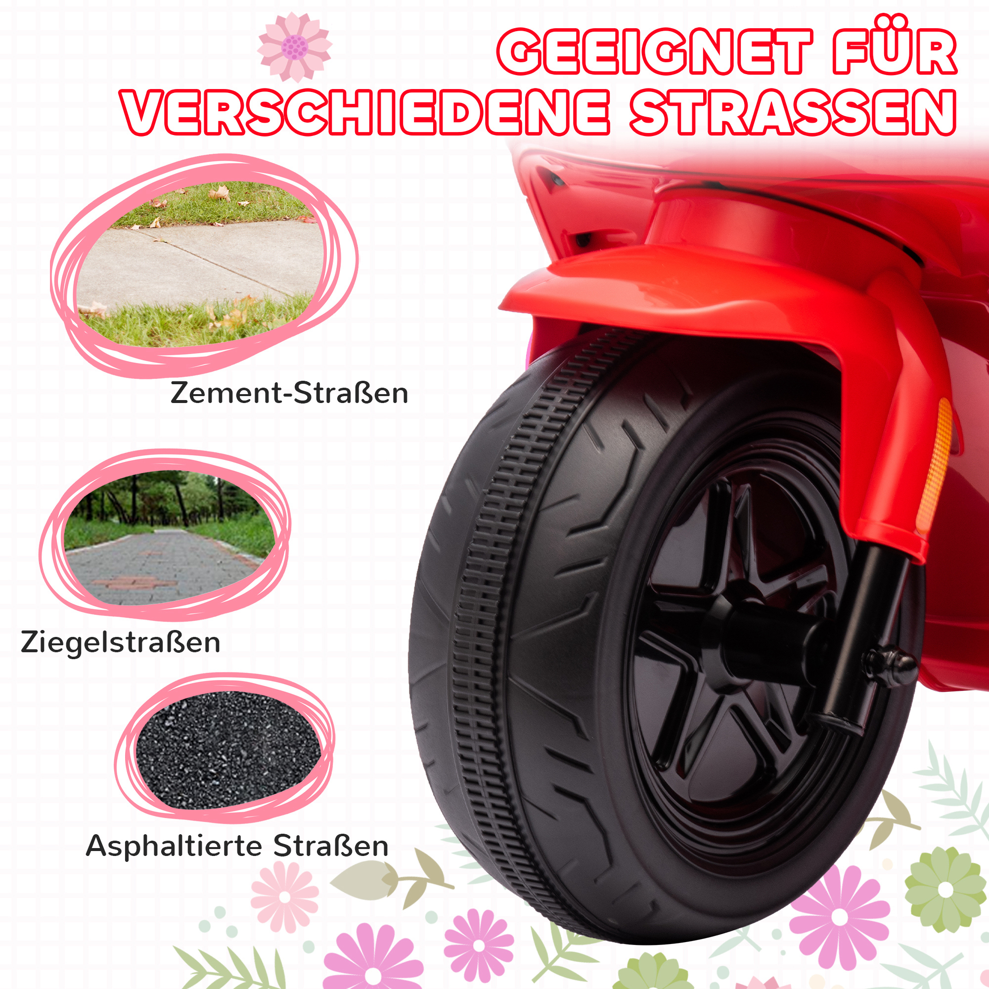 6V Elektro-Motorrad für Kinder, mit Scheinwerfer und Musik, Vor- und Rückwärtsgang, Trainingsräder, 18-36 Monate, Rot