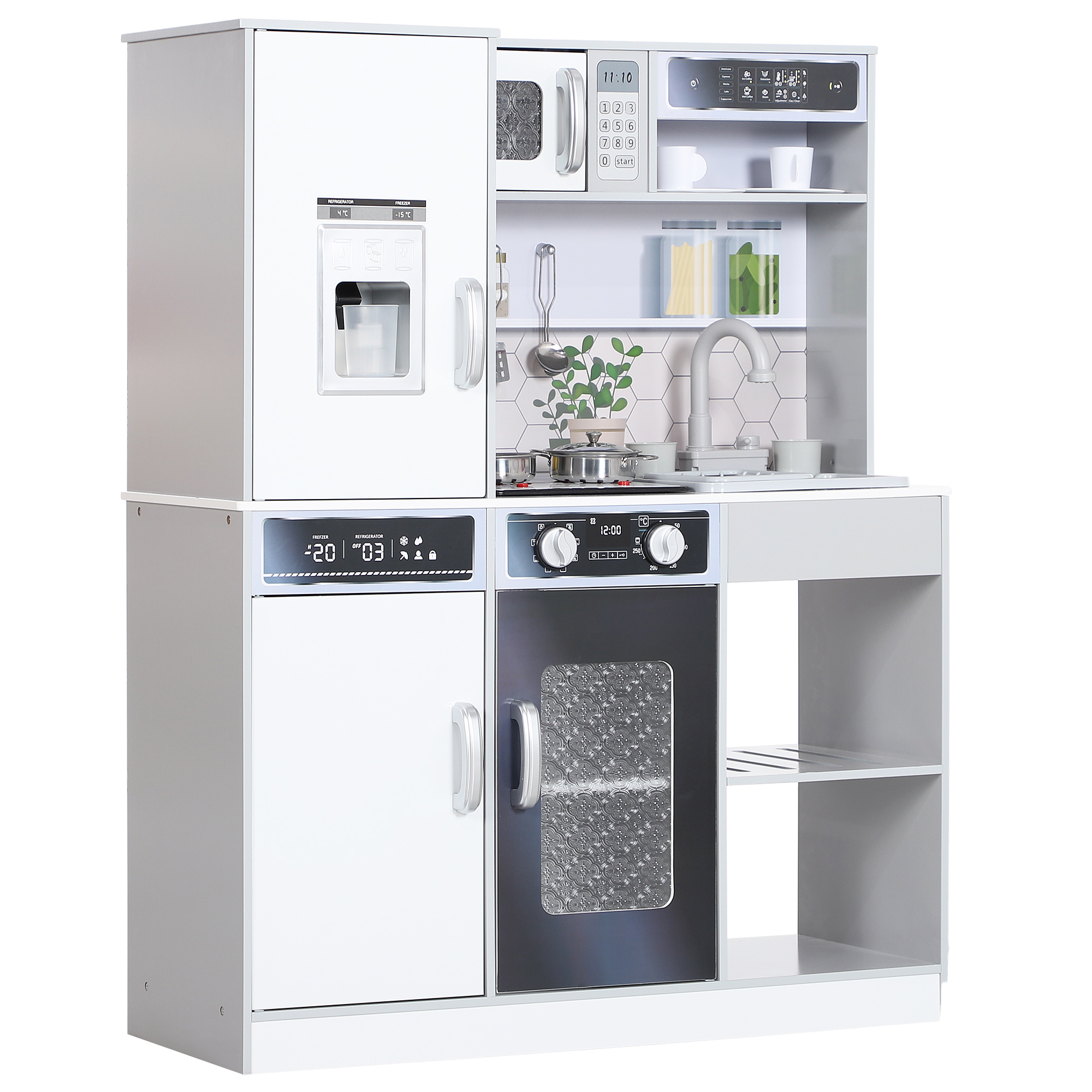 Spielküchen-Set mit Edelstahl-Geschirrset, Herd, Spüle mit Wasserkreislauf, Licht- & Soundeffekte, Weiß
