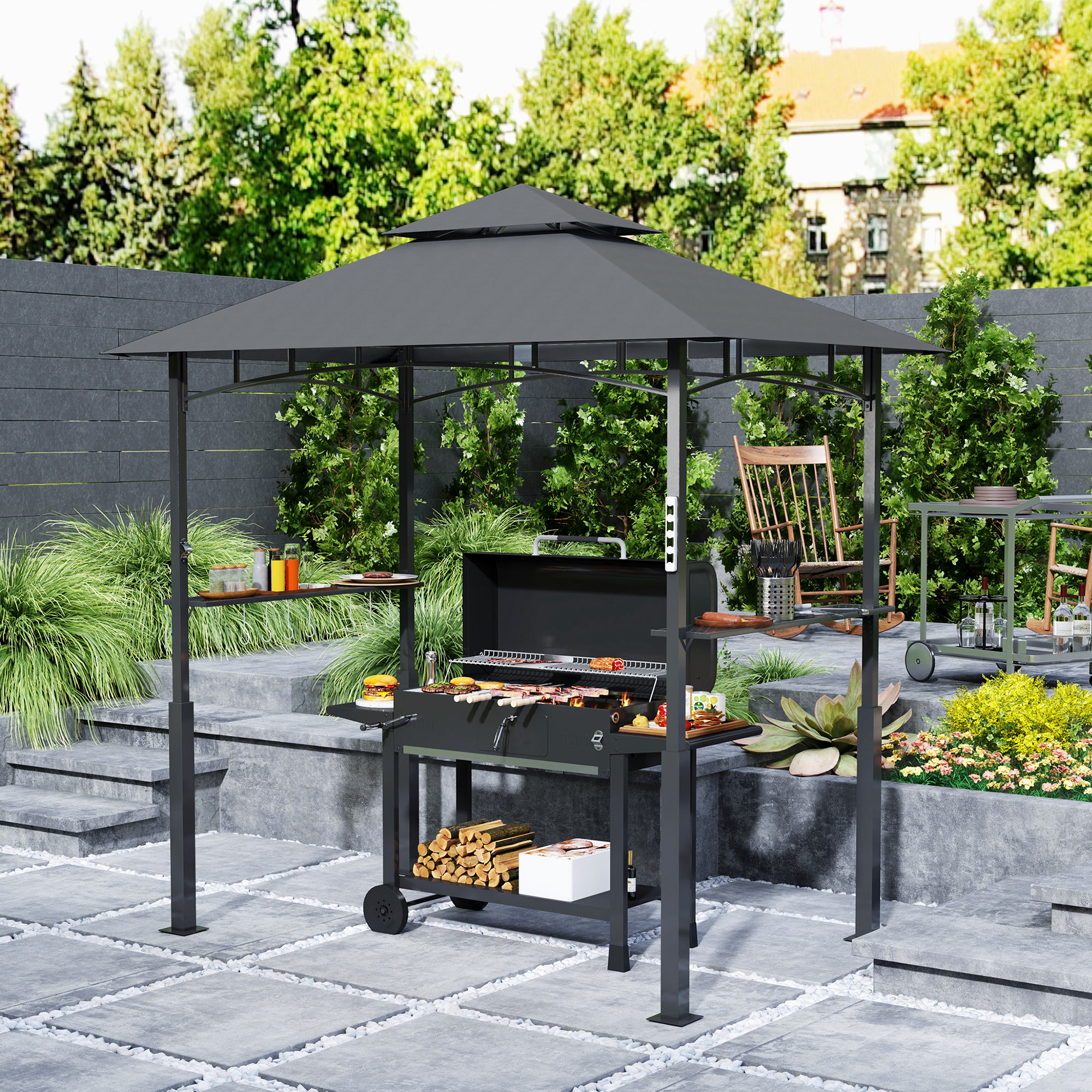 Grillpavillon, Gartengrillzelt mit Gewürzregalen, LED-Beleuchtung, Metall, Kunststoff, 243L x 148B x 248H cm, Grau