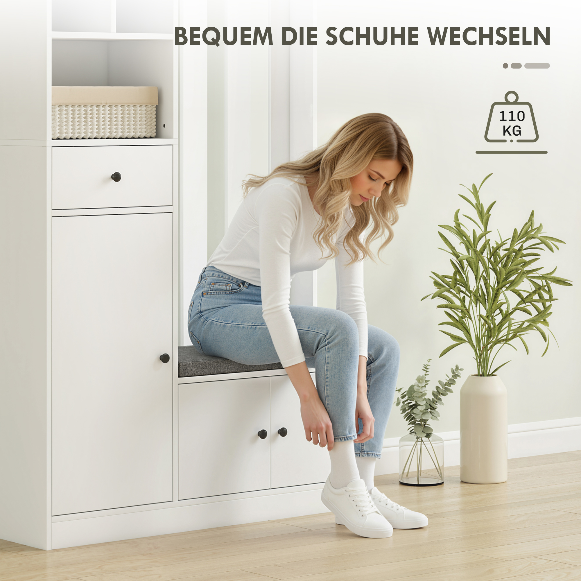 180 cm Garderobenschrank mit Kleiderständer, Schuhbank, 4 Haken, offene Ablageflächen, MDF, Weiß