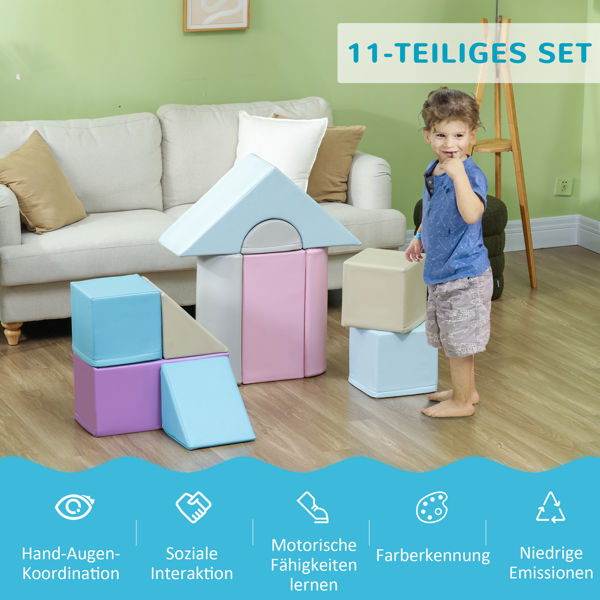 11-tlg. Softbausteinset, Schaumstoffbausteine zum Toben und Klettern, für Kinder, 1-3 Jahre, Kunstlederbezug, Bunt