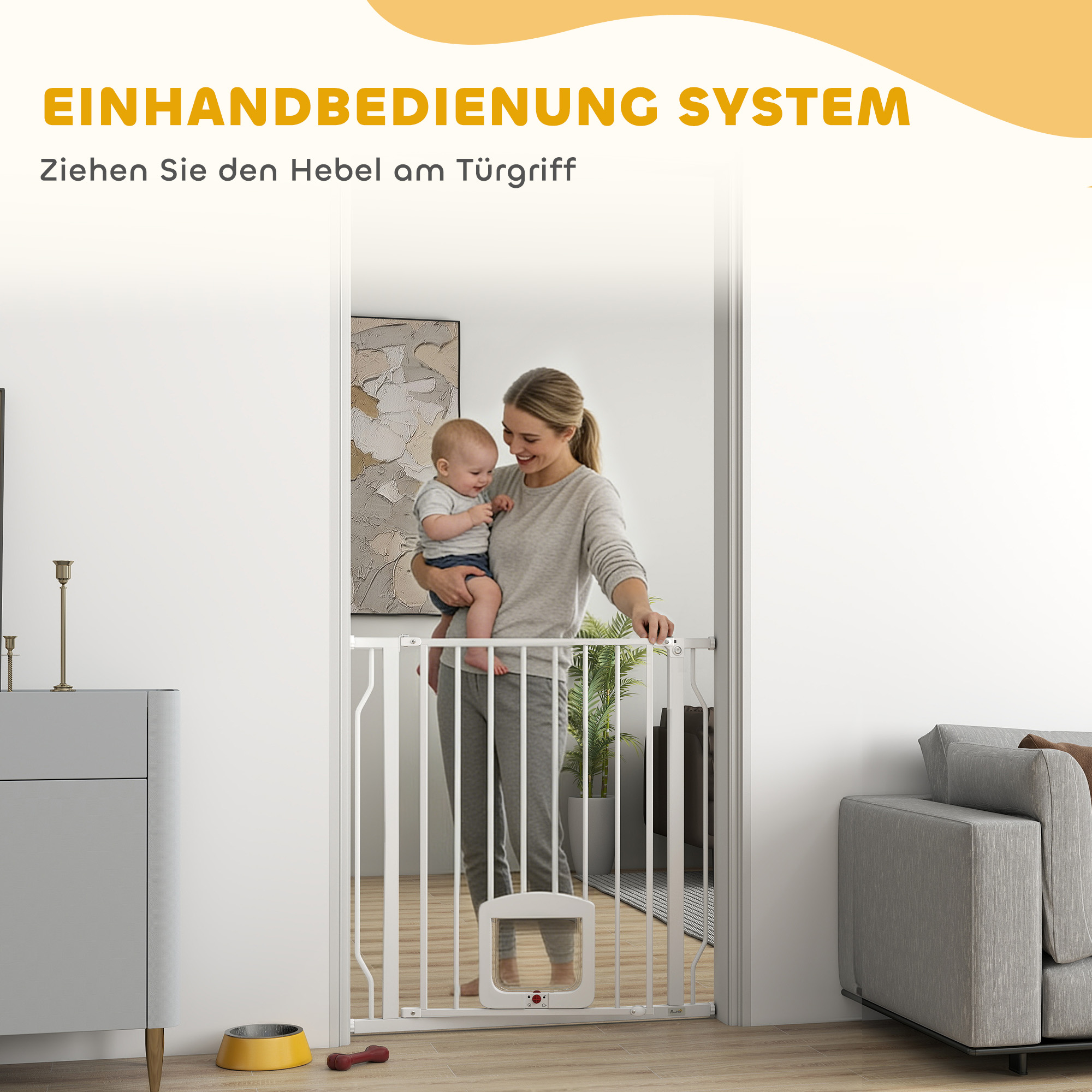 Treppenschutzgitter Türschutzgitter mit Katzenklappe ohne Bohren 75-85 cm aus Stahl für Hunde, Treppen, Tür, Weiß