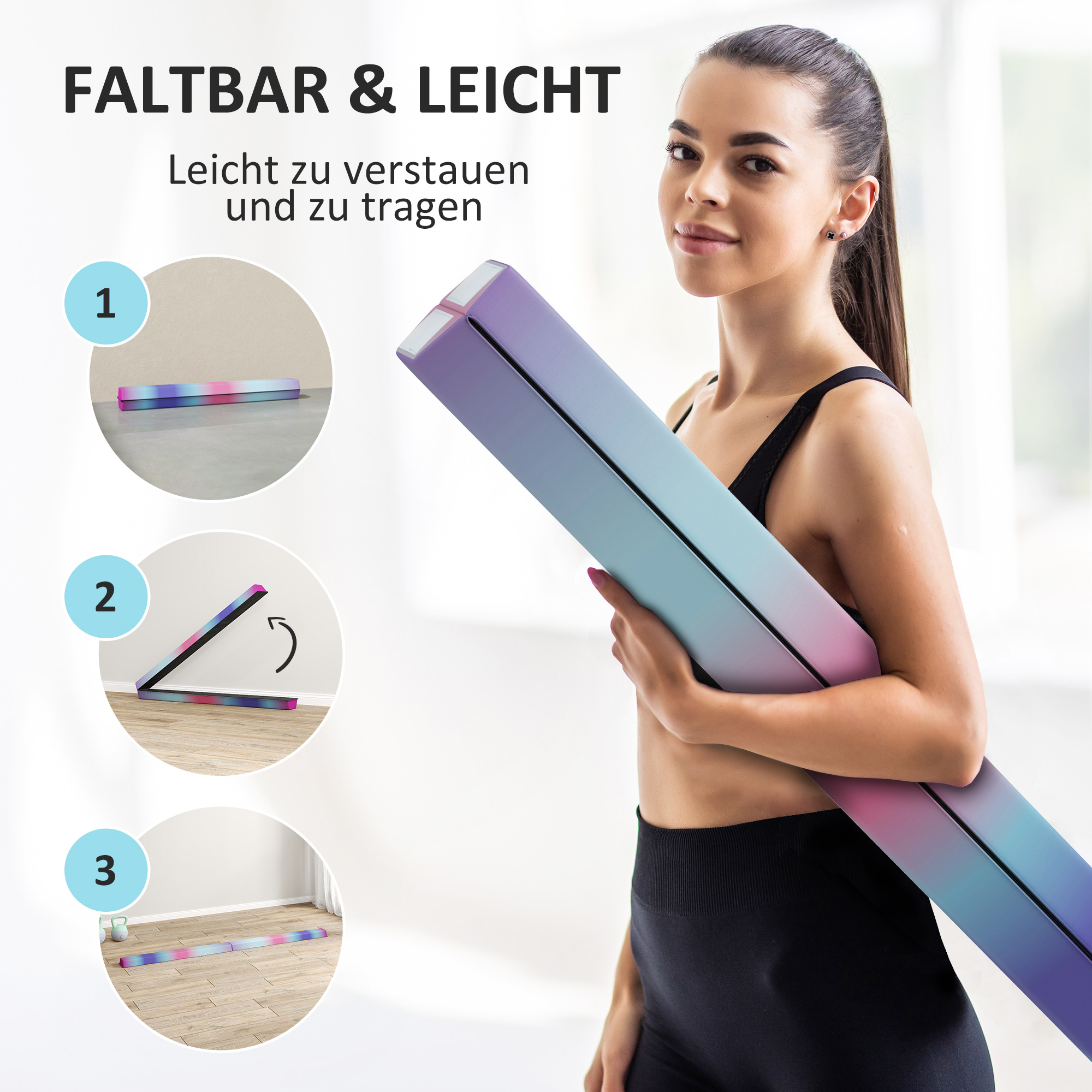 Schwebebalken 2,4 m, faltbar, rutschfester Boden, für 3+ Jahre, bis 80 kg, Mehrfarbig