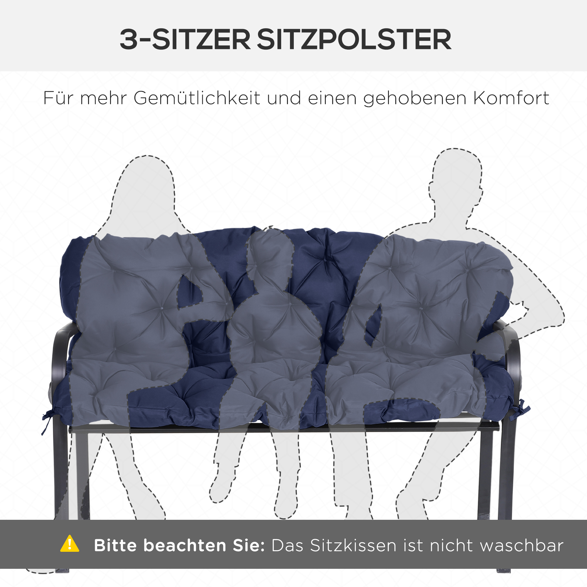 Sitzpolster für Bänke, Bankpolster mit Befestigungsbändern, für bis zu 3 Personen, Schaumstoff-Füllung, Sitzpolste