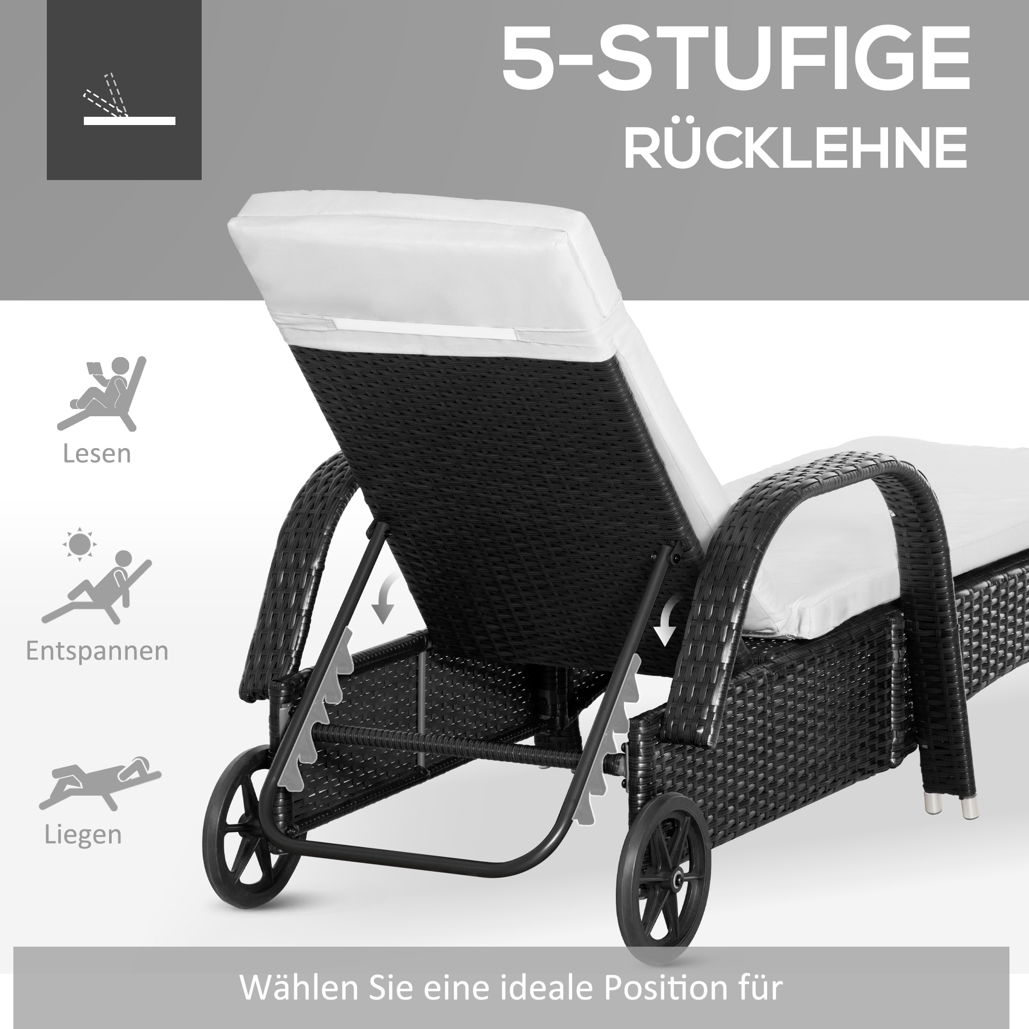 Sonnenliege Gartenliege Tisch 3er-Set Gartenmöbel, Polyrattan+Metall Schwarz+Cremeweiß