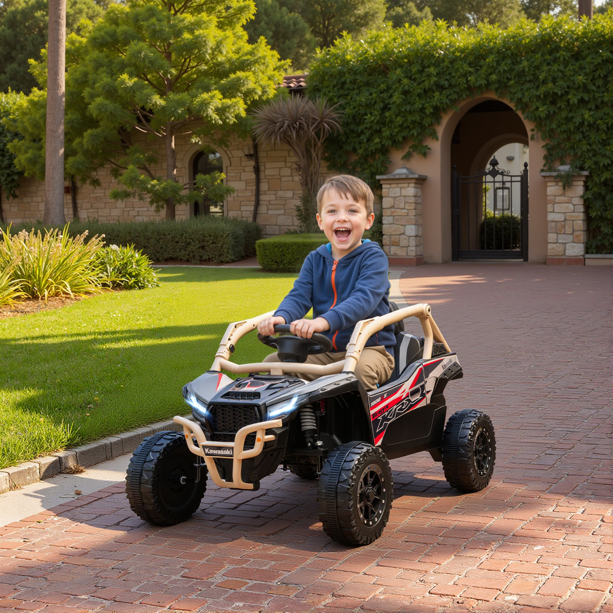 12V Elektrisches Geländefahrzeug für Kinder, Fernbedienung, LED-Lichter, Musik, Hupe, für Kinder von 3-8 Jahren, Gelb