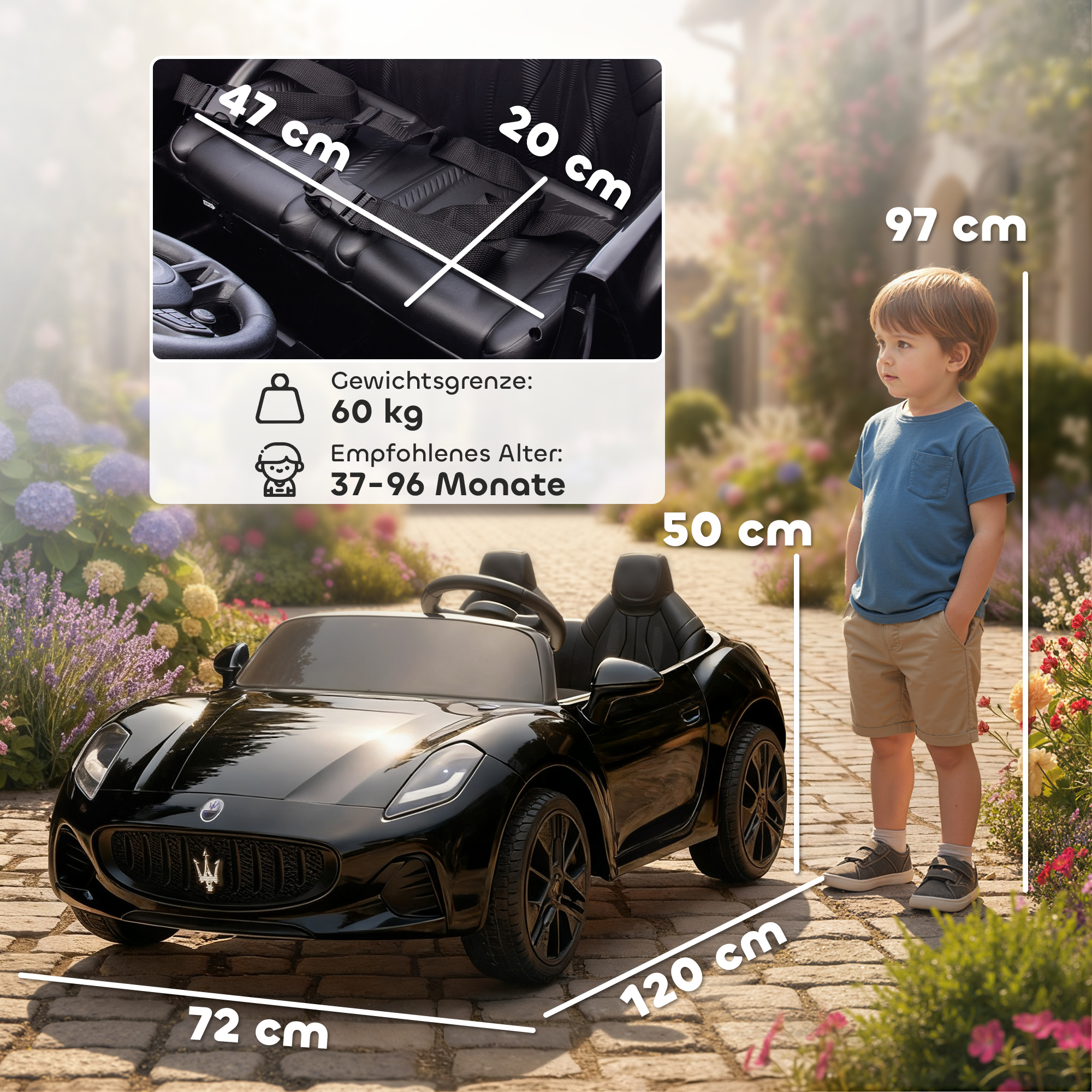 Maserati Elektroauto für Kinder, 2-Sitzer, 12V Batteriebetrieb, Fernbedienung, LED-Lichter, Musikfunktion, Schwarz
