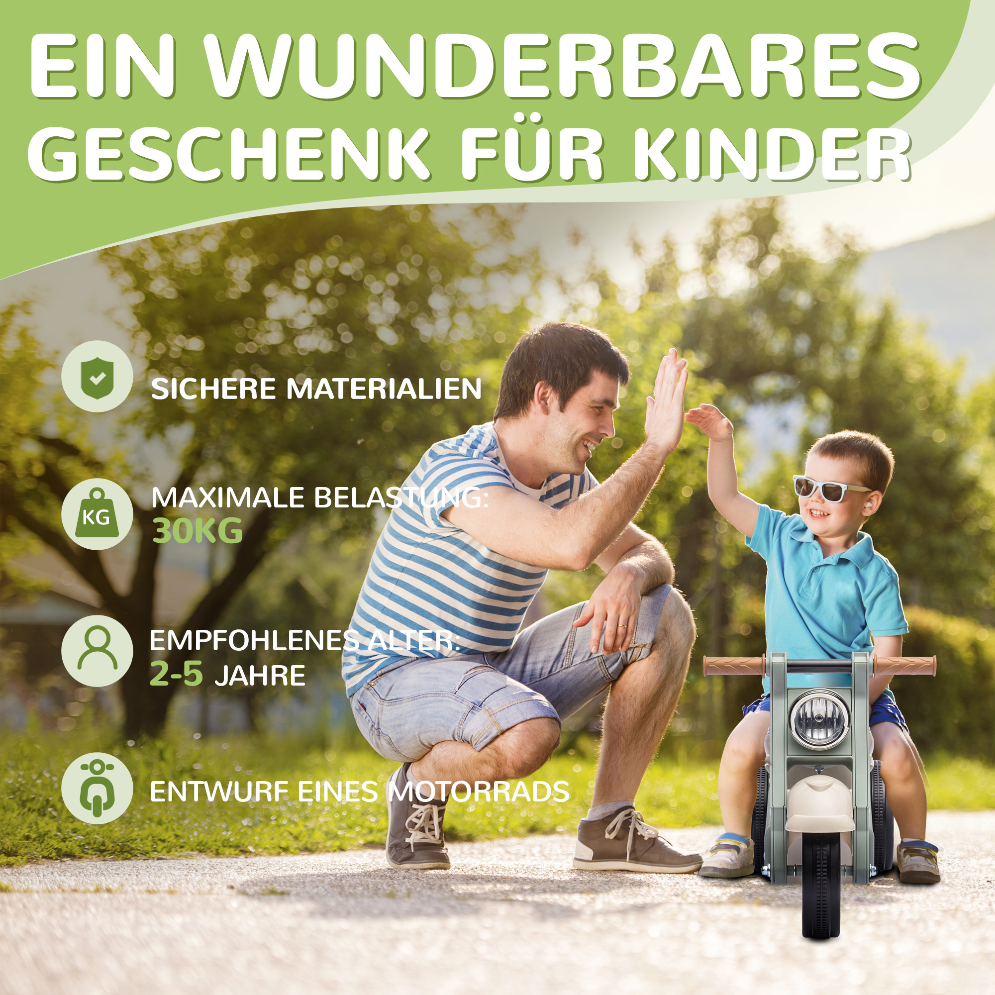 Rutschauto, Motorrad-Design, Musik und Seifenblasen, für 2-5 Jahre, Cremeweiß