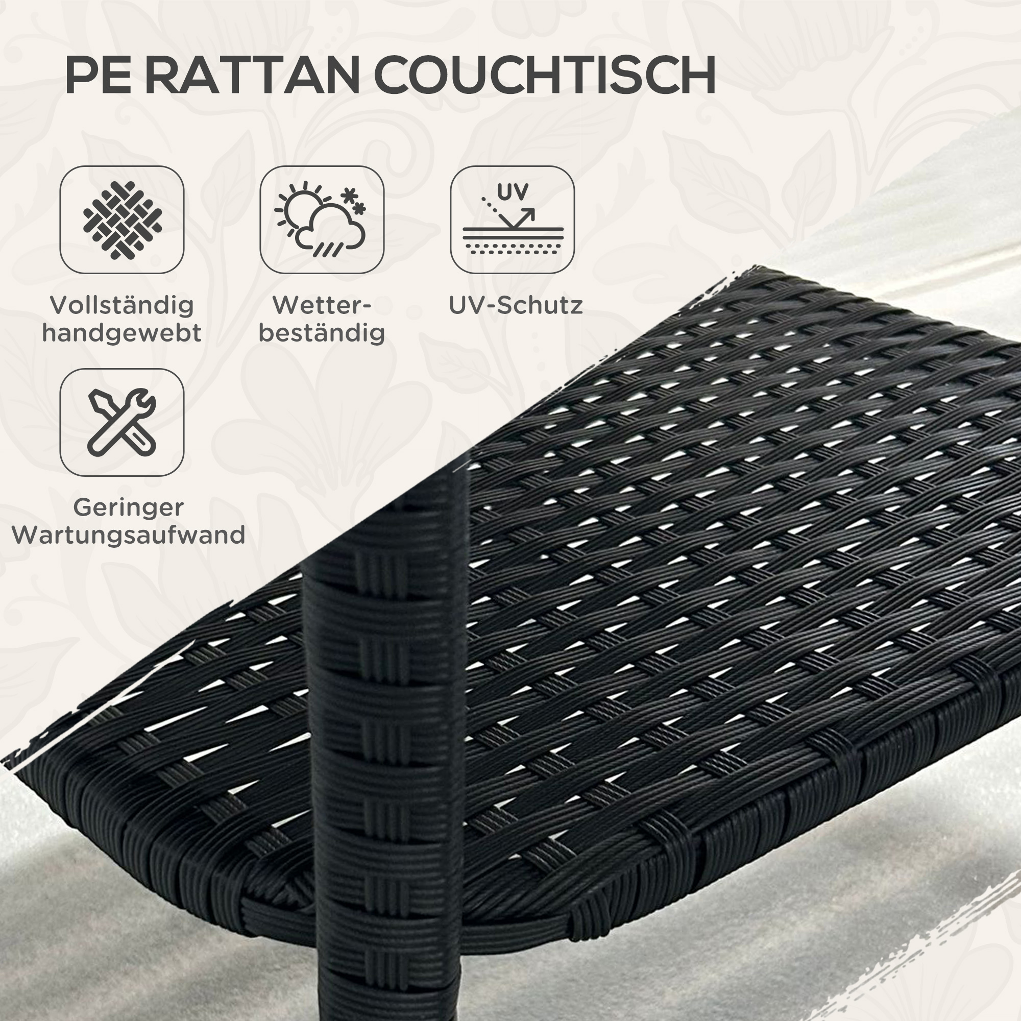 Polyrattan Gartentisch, 50 x 50 x 45cm, wetterfest Beistelltisch für 4 Personen, Quadratisch mit Ablage Glasplatte