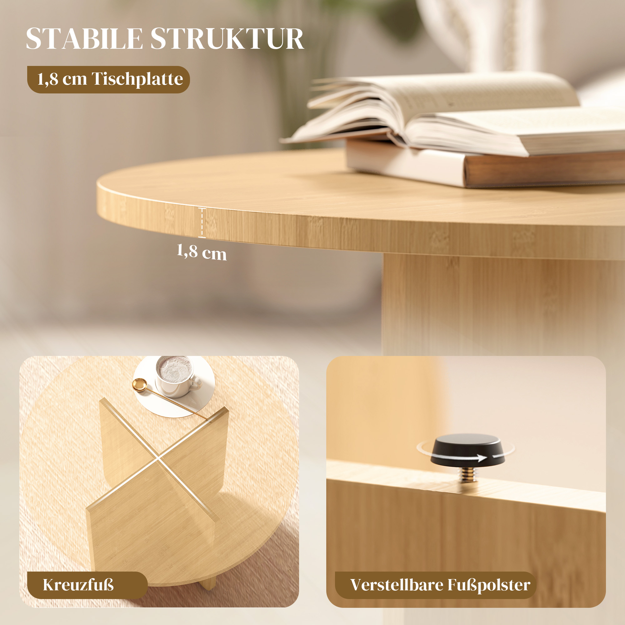 Runder Couchtisch, Bambus-Wohnzimmertisch mit Kreuzfuß, Natur