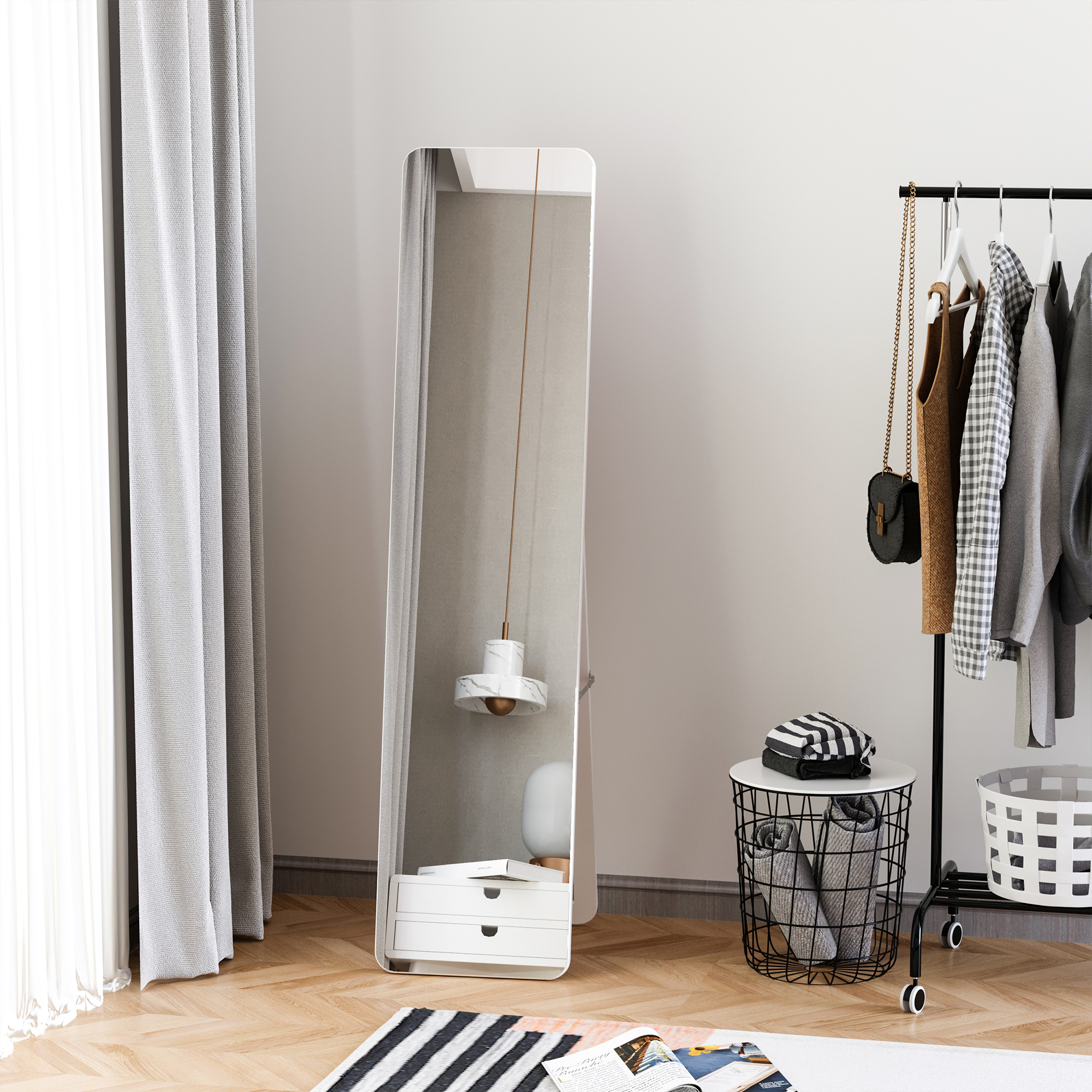 Standspiegel Ganzkörperspiegel mit klappbaren Rahmen Schminkspiegel frei stehend oder an der Wand montiert stabil für Wohnzimmer oder Ankleidezimmer Kiefernholz MDF Weiß 37 x 43 x 156 cm