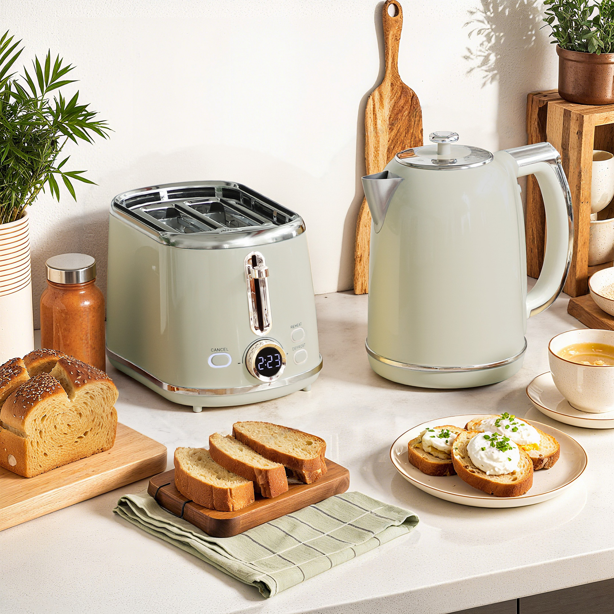 Wasserkocher- und Toaster-Set, LED-Anzeige, 1,7 Liter, 2200W, Retro-Design, Memory-Funktion, Grau
