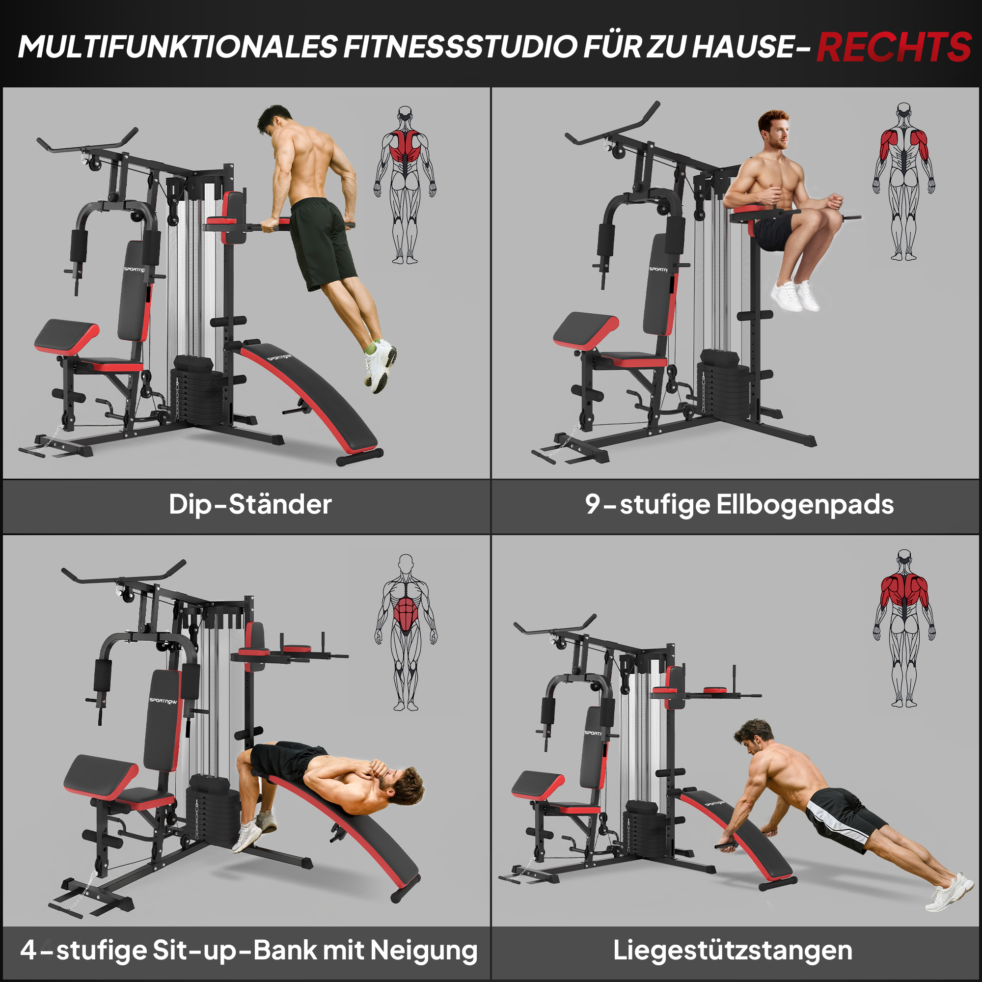 Mehrzweck-Trainingsstation mit 65 kg Gewichtsblock, verstellbar, fürs Heimtraining, Stahl, Kunstleder