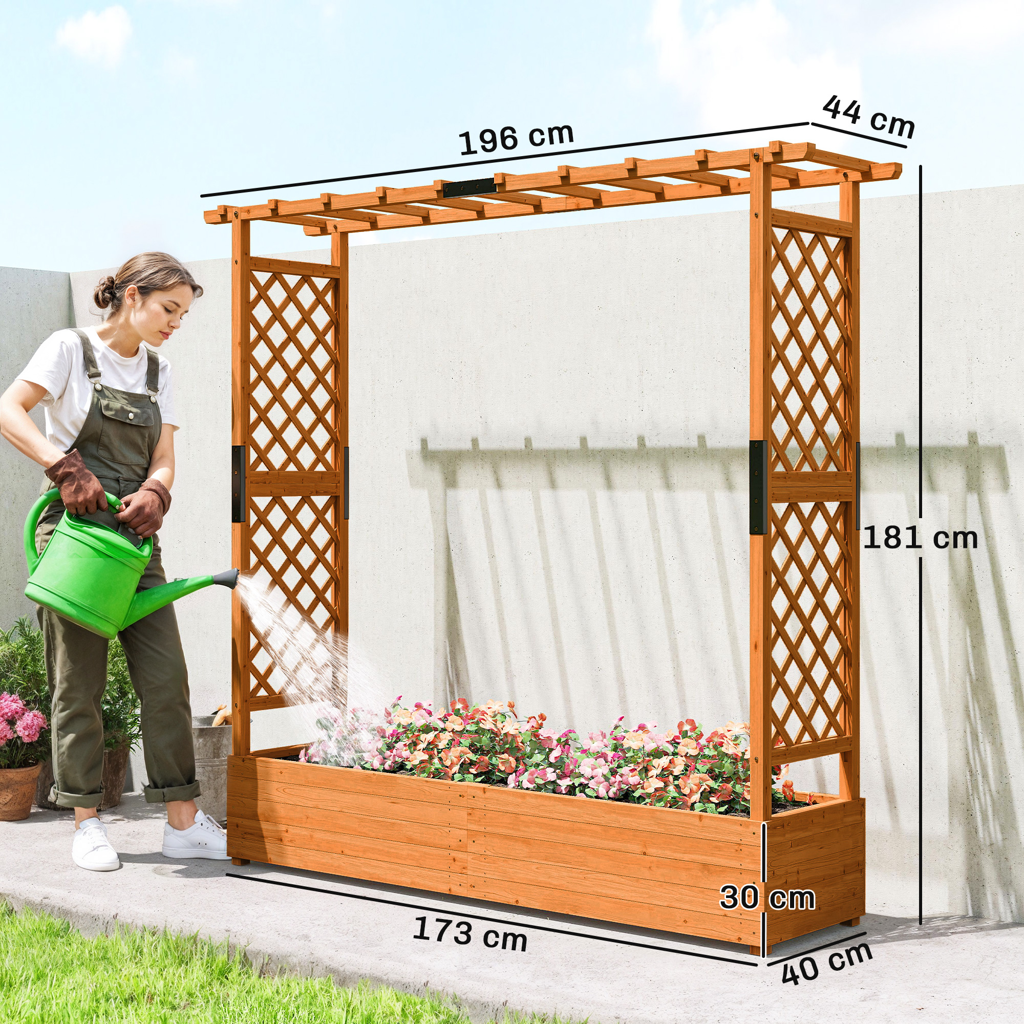 Hochbeet mit Rankengitter und Dach, für Blumen, Obst, Gemüse, Kräuter, 196 x 44 x 181 cm, Holz, Orange