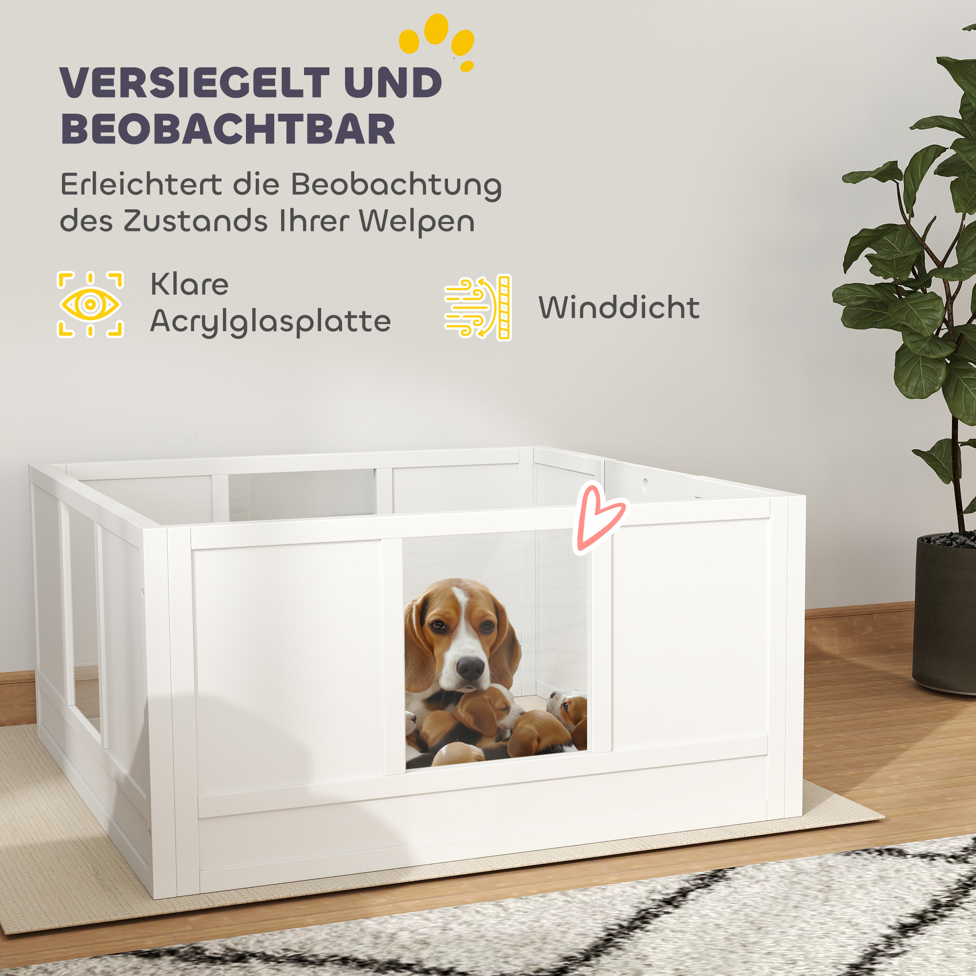Welpenbox für kleine und mittelgroße Hunde, Hunde-Wurfbox mit anpassbarem Eingang, rutschfesten Fußpads, Weiß