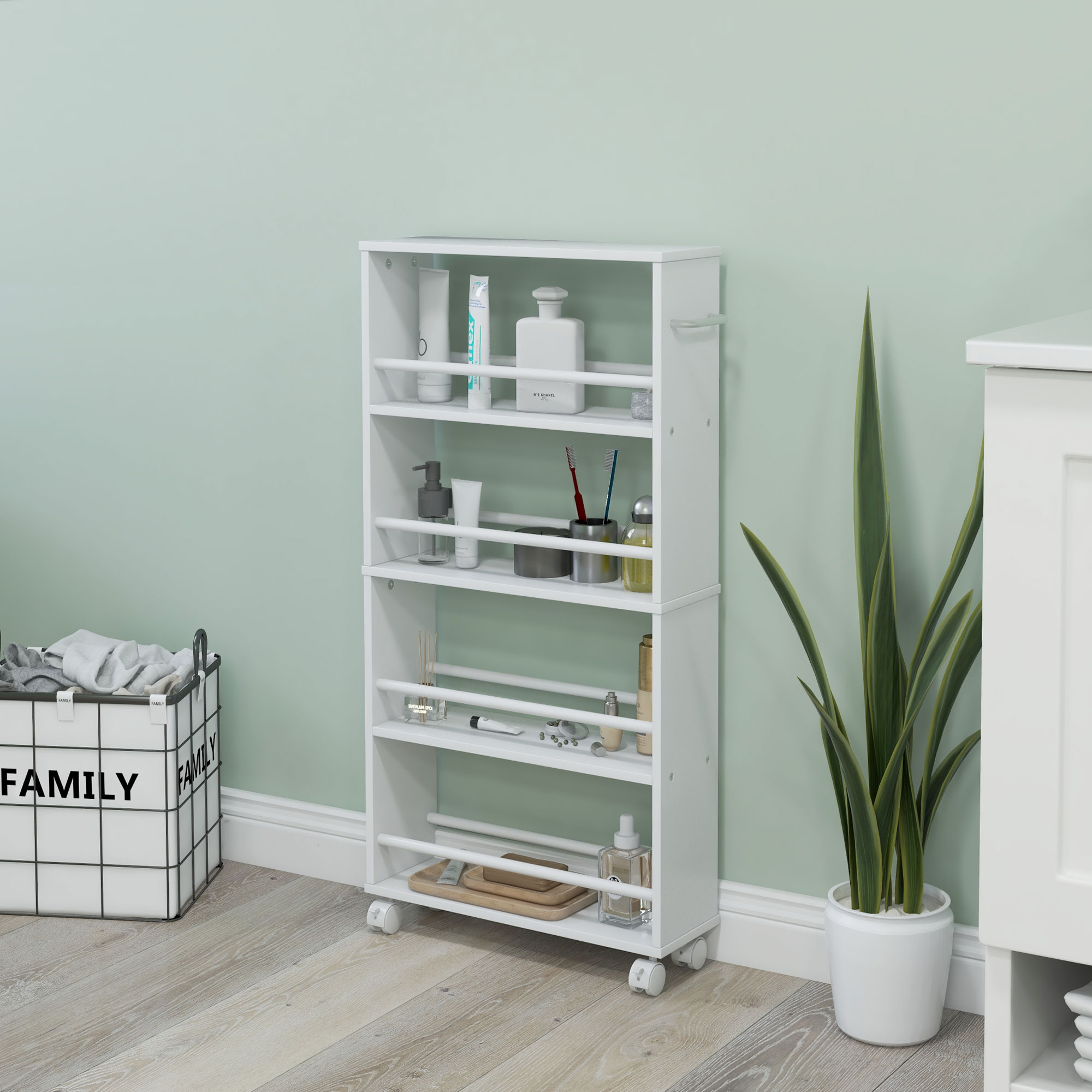 Multifunktionsregal mit Rollen, schmale Bauweise, 4 Fächer, 45x15x91 cm, Weiß