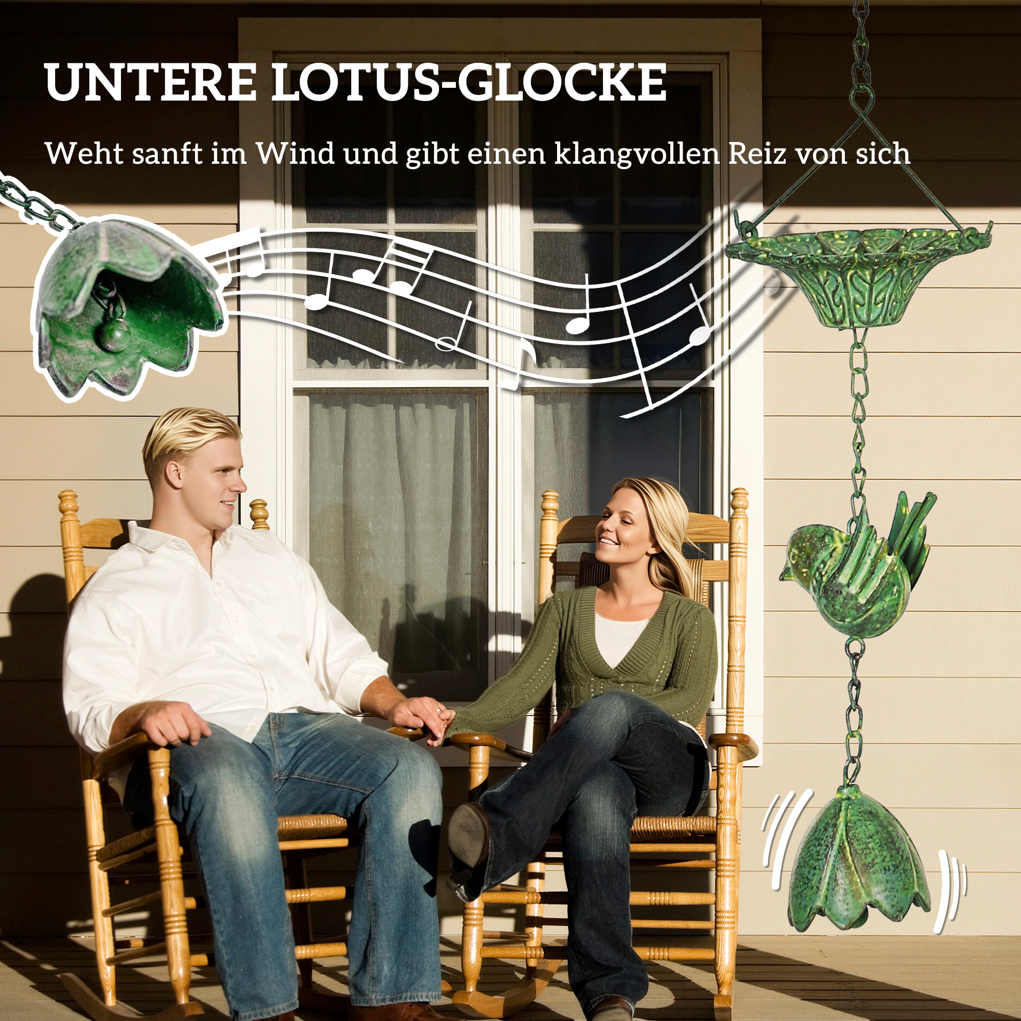 3er Set Regenkette 123cm Regenablaufkette aus Metall Ablaufkette mit befestigtem Aufhänger Vögeln Bell Grün