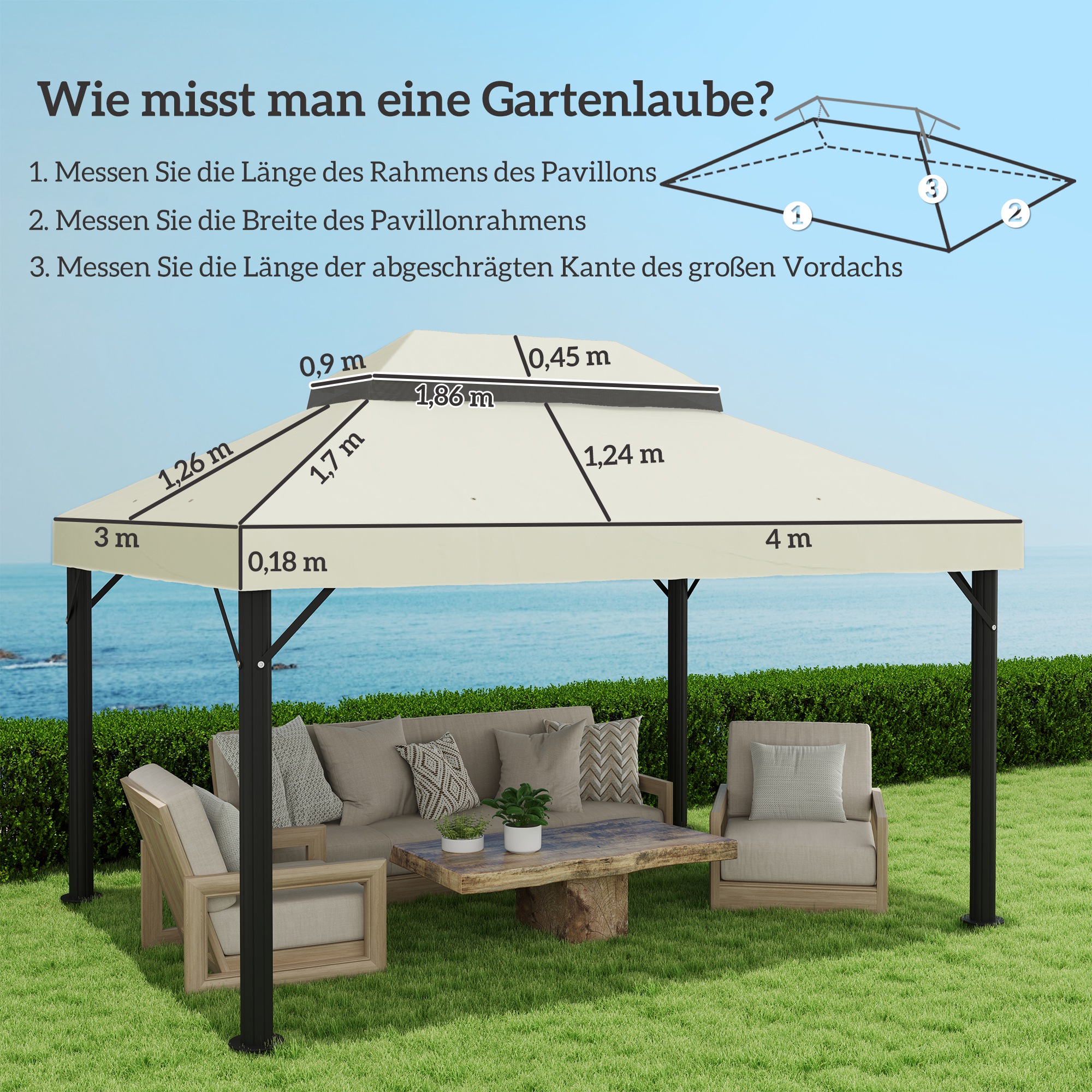 Pavillon-Ersatzdach, 3 x 4 m, Ersatzplane mit Wasserablauf-Öffnungen, Polyester, Sonnenschutz, UPF30+, Cremeweiß