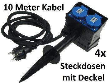 Gartensteckdose mit Erdspieß, 4-fach, IP44, 10m Kabel