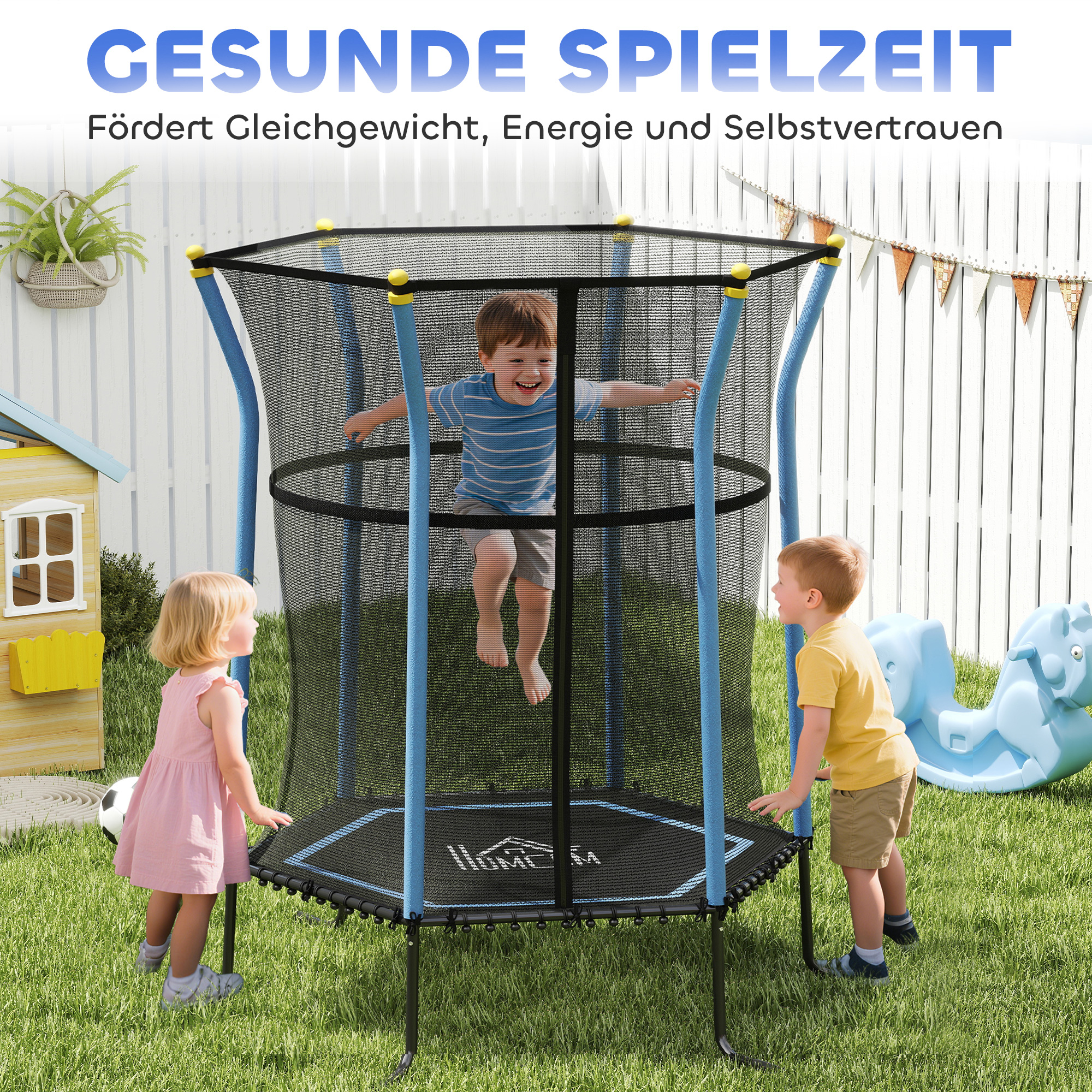 Trampolin für Kinder, Ø163,5 cm, mit Sicherheitsnetz, gepolstert, Stahl, belastbar bis 50 kg, Schwarz & Blau