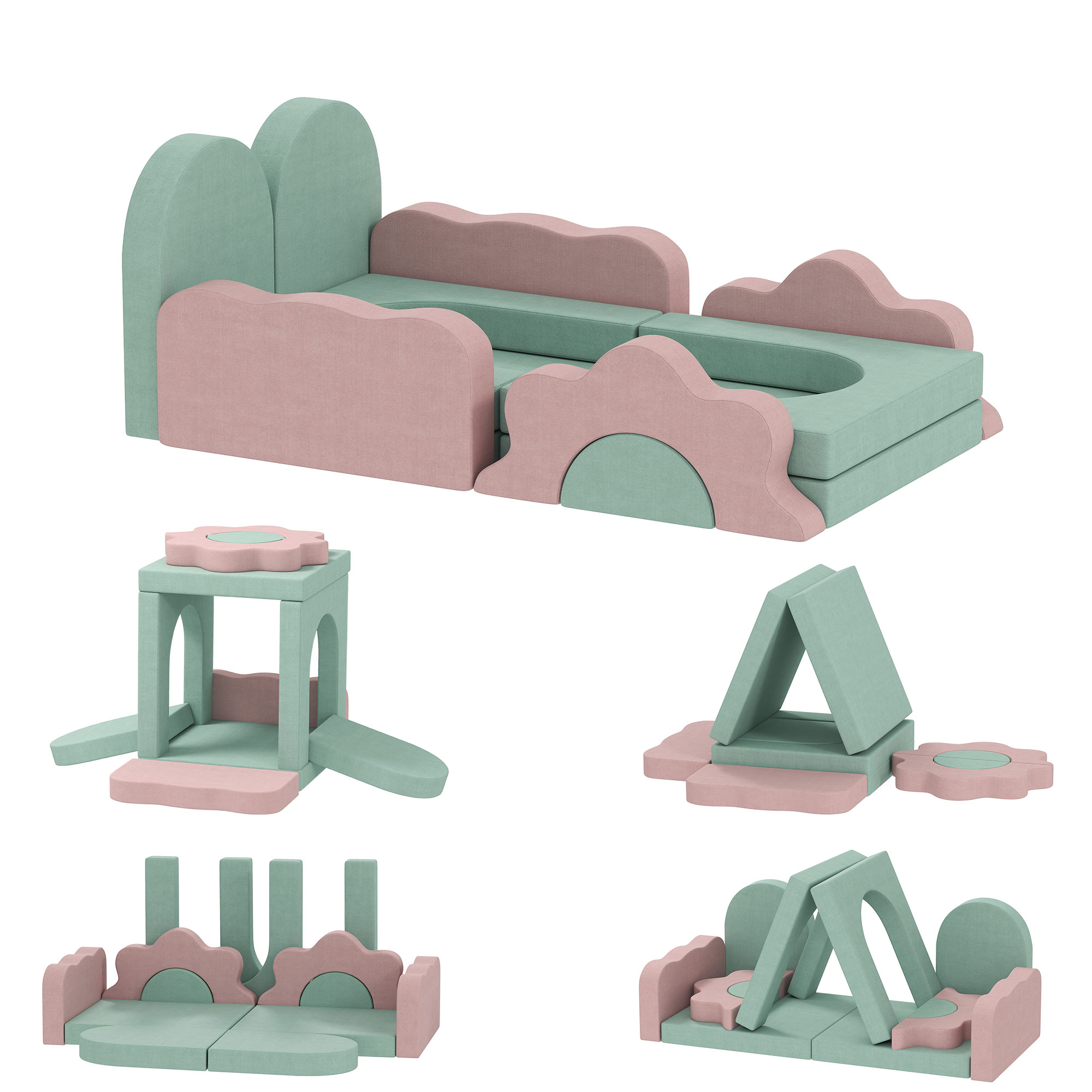 12-teiliges Set Schaumstoffblöcke zum Klettern, Bauen, Krabbeln, Indoor-Spielmatten mit Cordbezug, Grün+Rosa