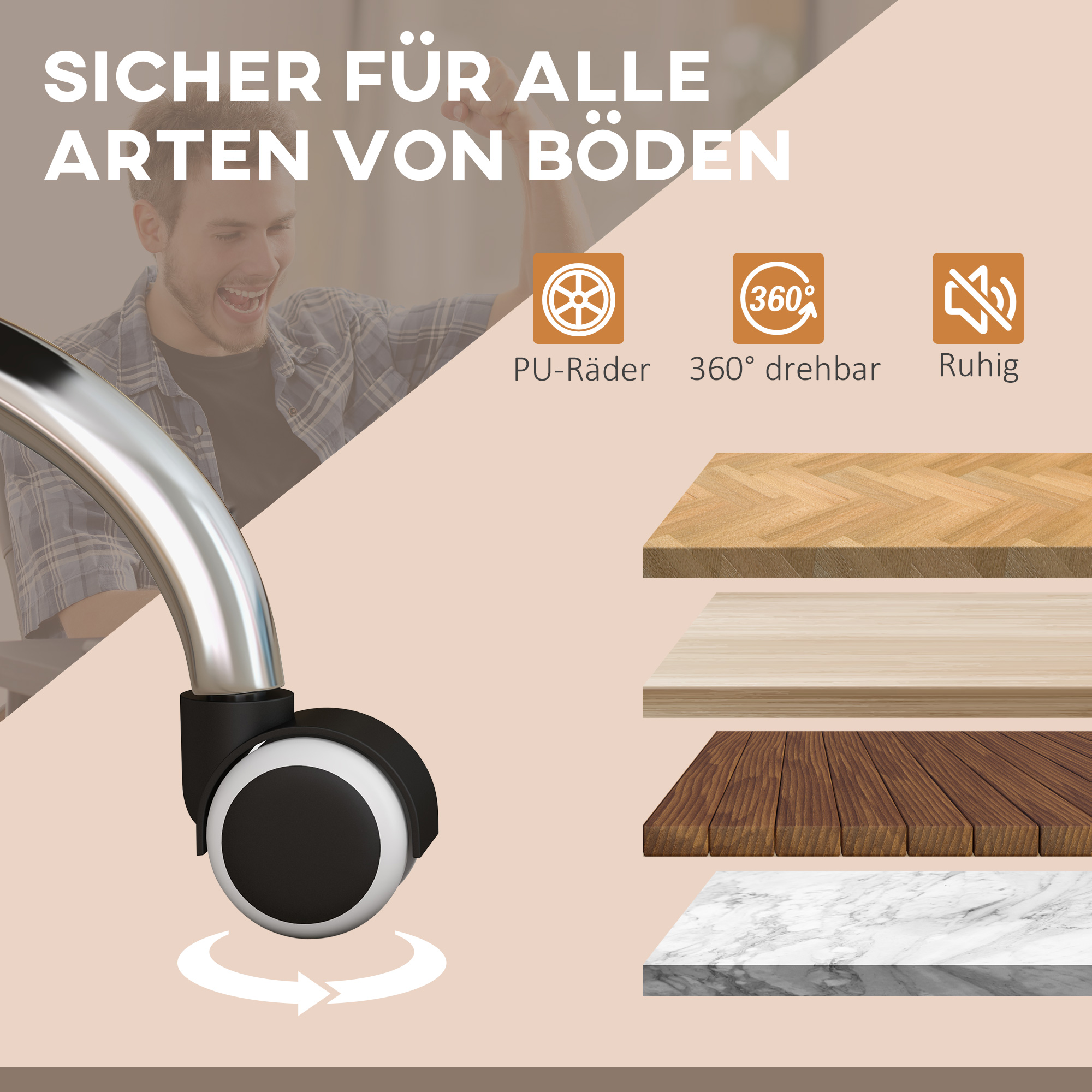 Massage-Bürostuhl, Schreibtischstuhl mit Heizfunktion, Drehstuhl, Liegefunktion, höhenverstellbarer PC-Stuhl, Hellbraun